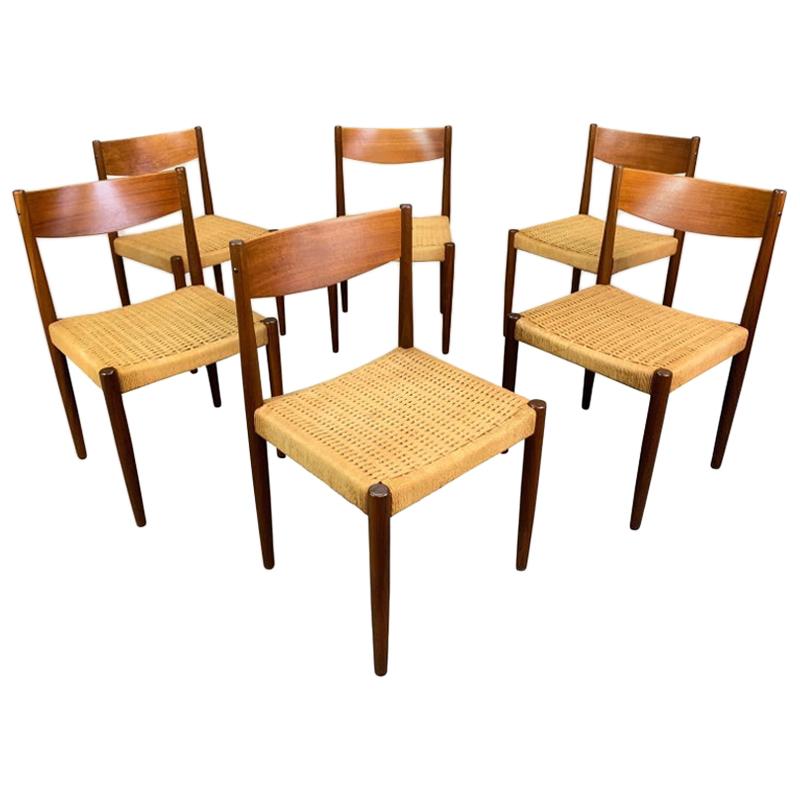 Set of Six Vintage Midcentury Danish Modern Teak Dining Chairs by Poul Volther For Sale