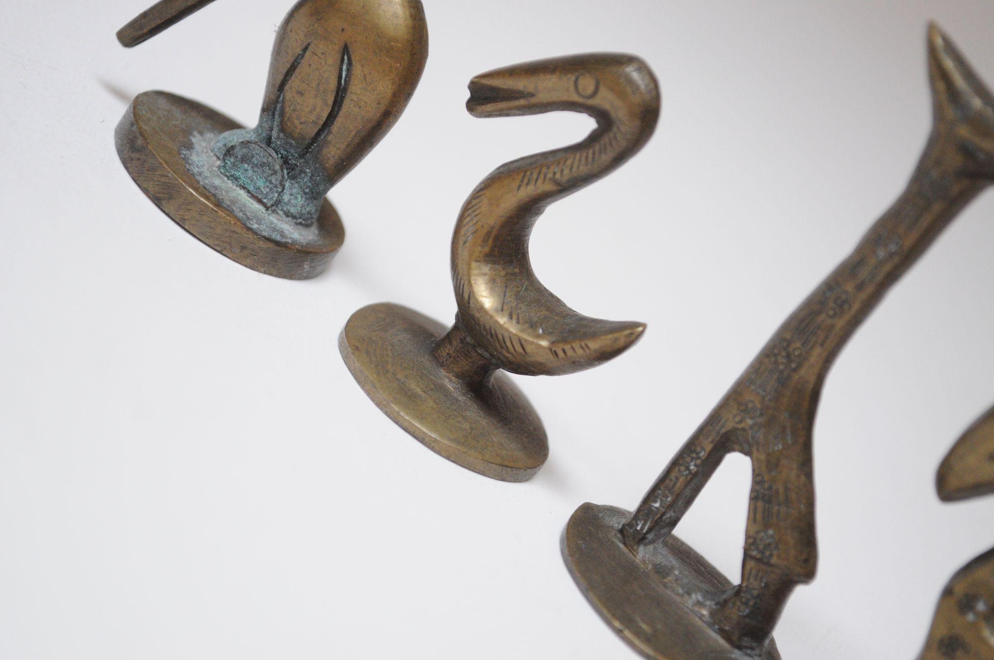 Set of Six Vintage Miniature Patinated Brass Animal Figurines / Pipe Tampers For Sale 7