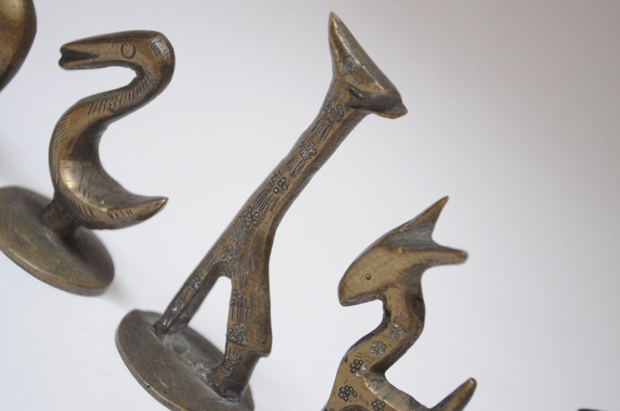 Set of Six Vintage Miniature Patinated Brass Animal Figurines / Pipe Tampers For Sale 8
