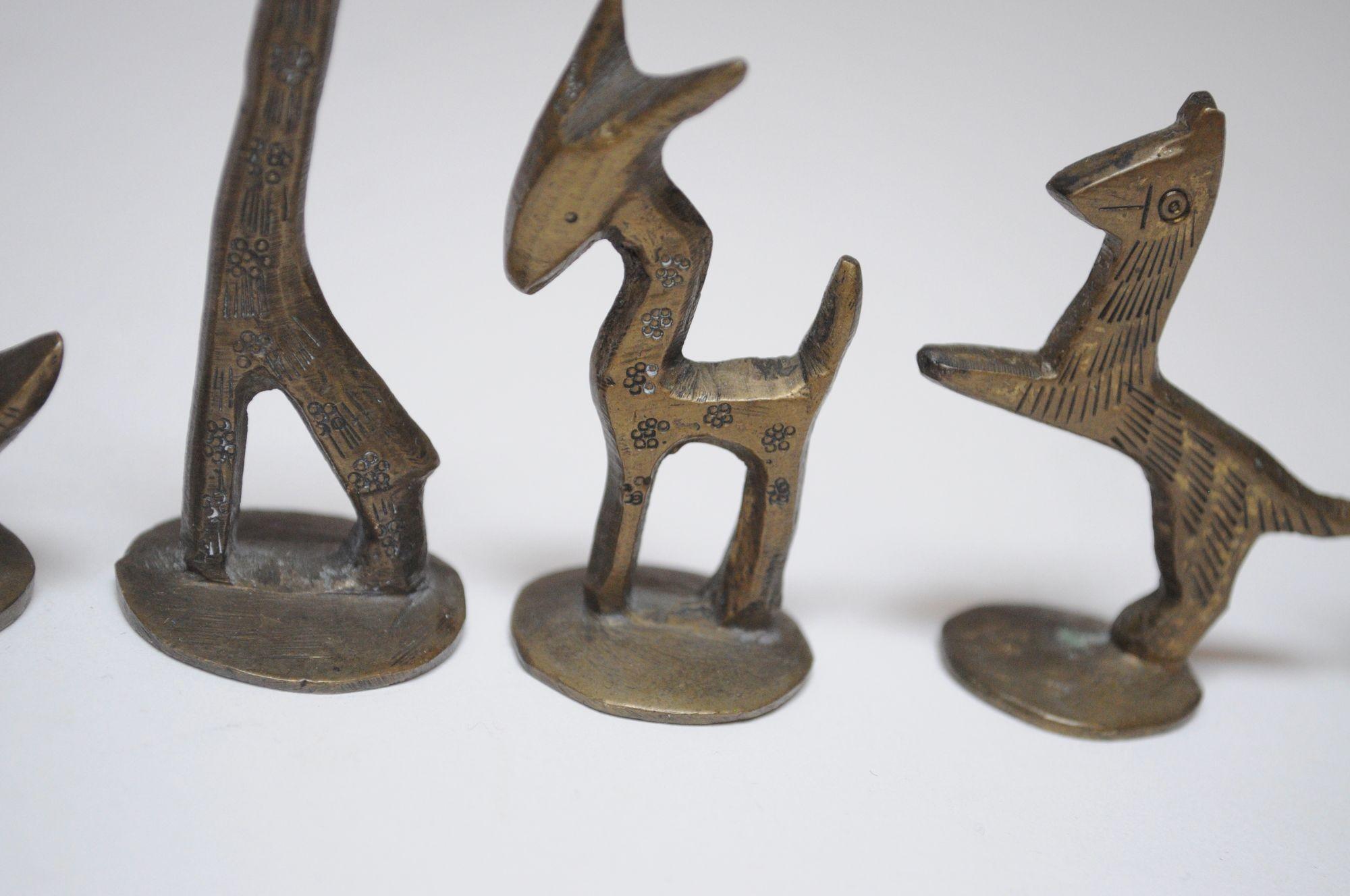 Set of Six Vintage Miniature Patinated Brass Animal Figurines / Pipe Tampers For Sale 9