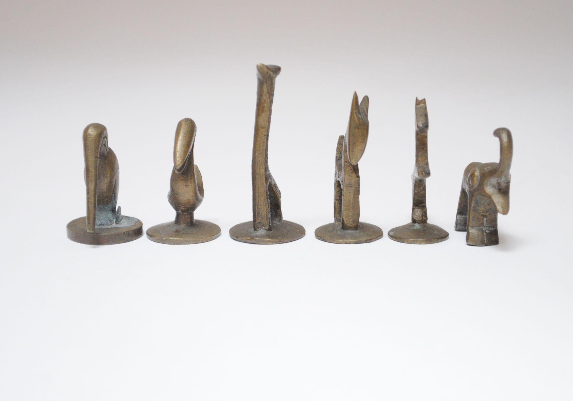 Mid-Century Modern Set of Six Vintage Miniature Patinated Brass Animal Figurines / Pipe Tampers For Sale