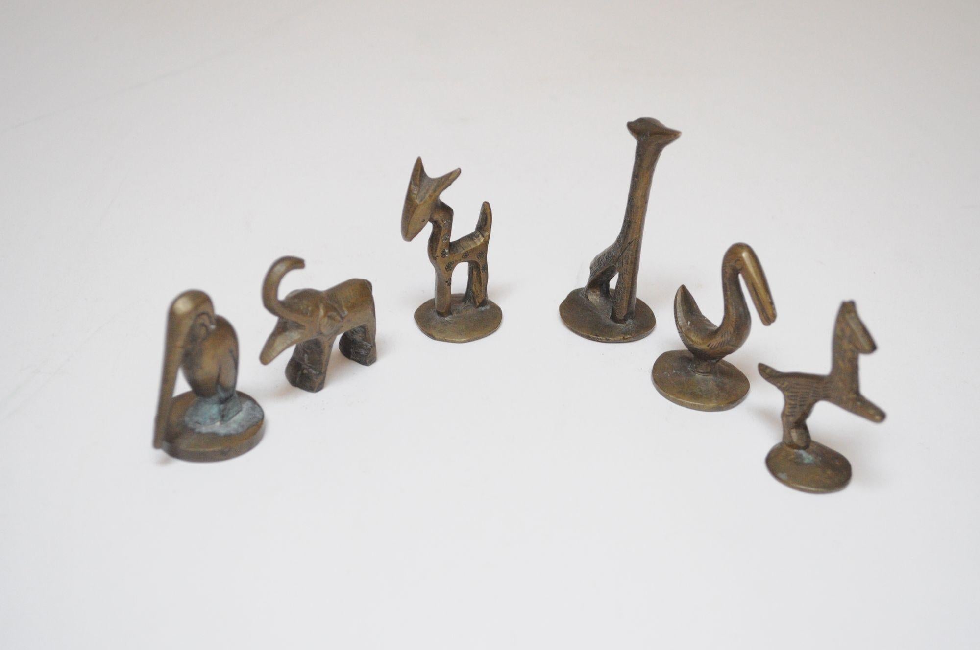 Austrian Set of Six Vintage Miniature Patinated Brass Animal Figurines / Pipe Tampers For Sale