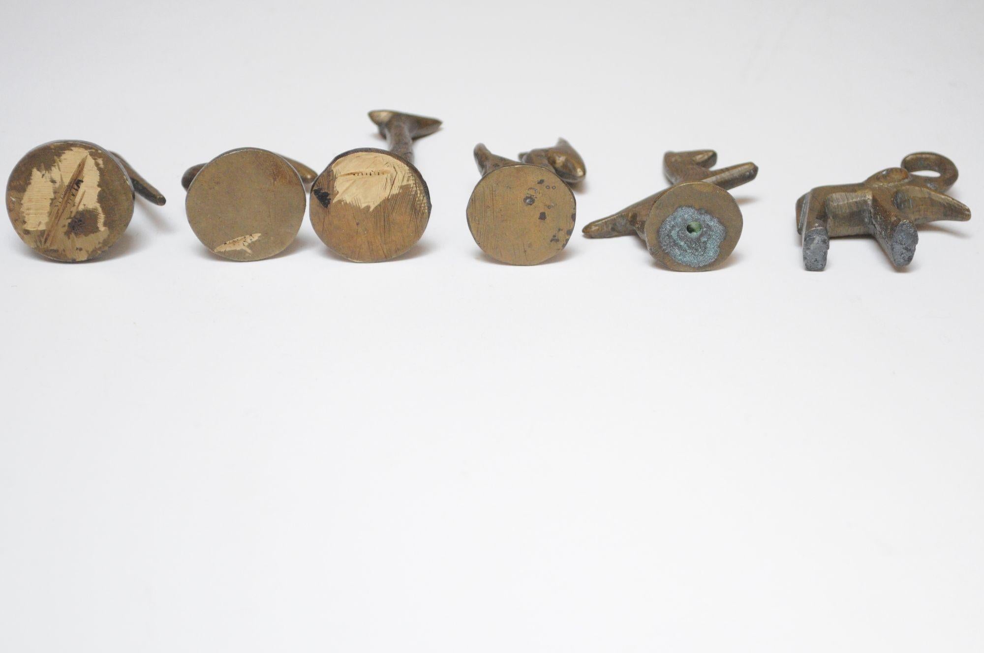Set of Six Vintage Miniature Patinated Brass Animal Figurines / Pipe Tampers In Good Condition For Sale In Brooklyn, NY