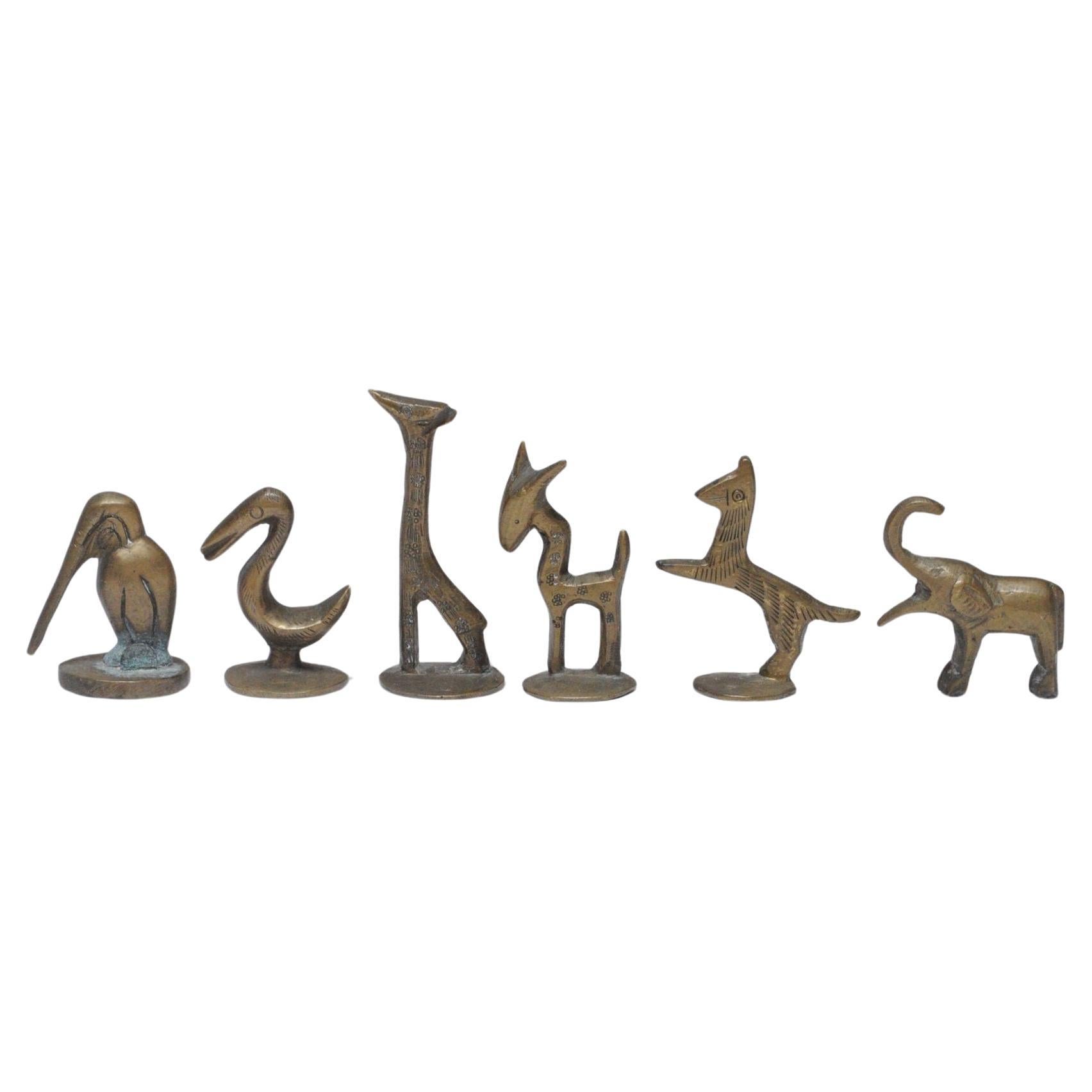 Set of Six Vintage Miniature Patinated Brass Animal Figurines / Pipe Tampers