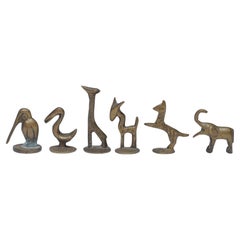 Set di sei figurine di animali in ottone patinato in miniatura d'epoca / Tamponi per pipa