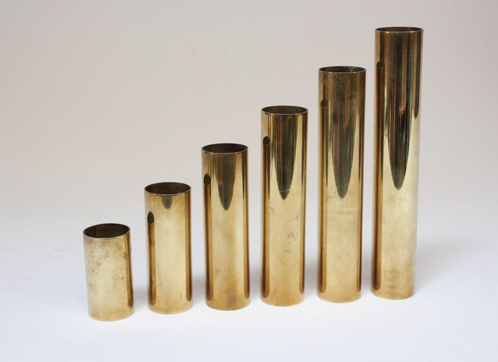 Mid-Century Modern Set of Six Vintage Modernist Cylindrical Brass Votive Holders