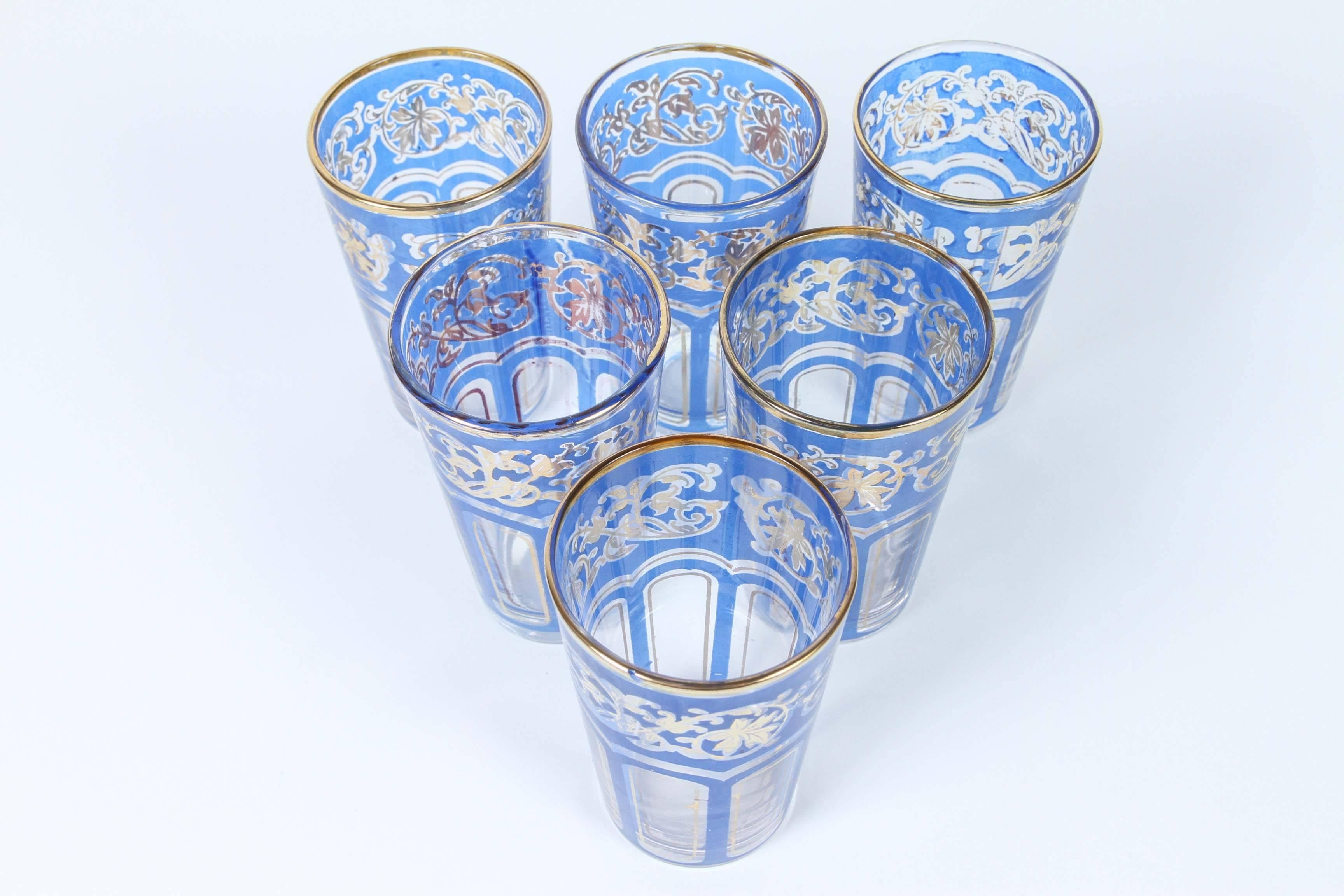 Set of six vintage Moroccan blue and gold glasses.
Moorish design great for mint tea or any drink cold or hot.
handmade Czech Bohemia style
    
  