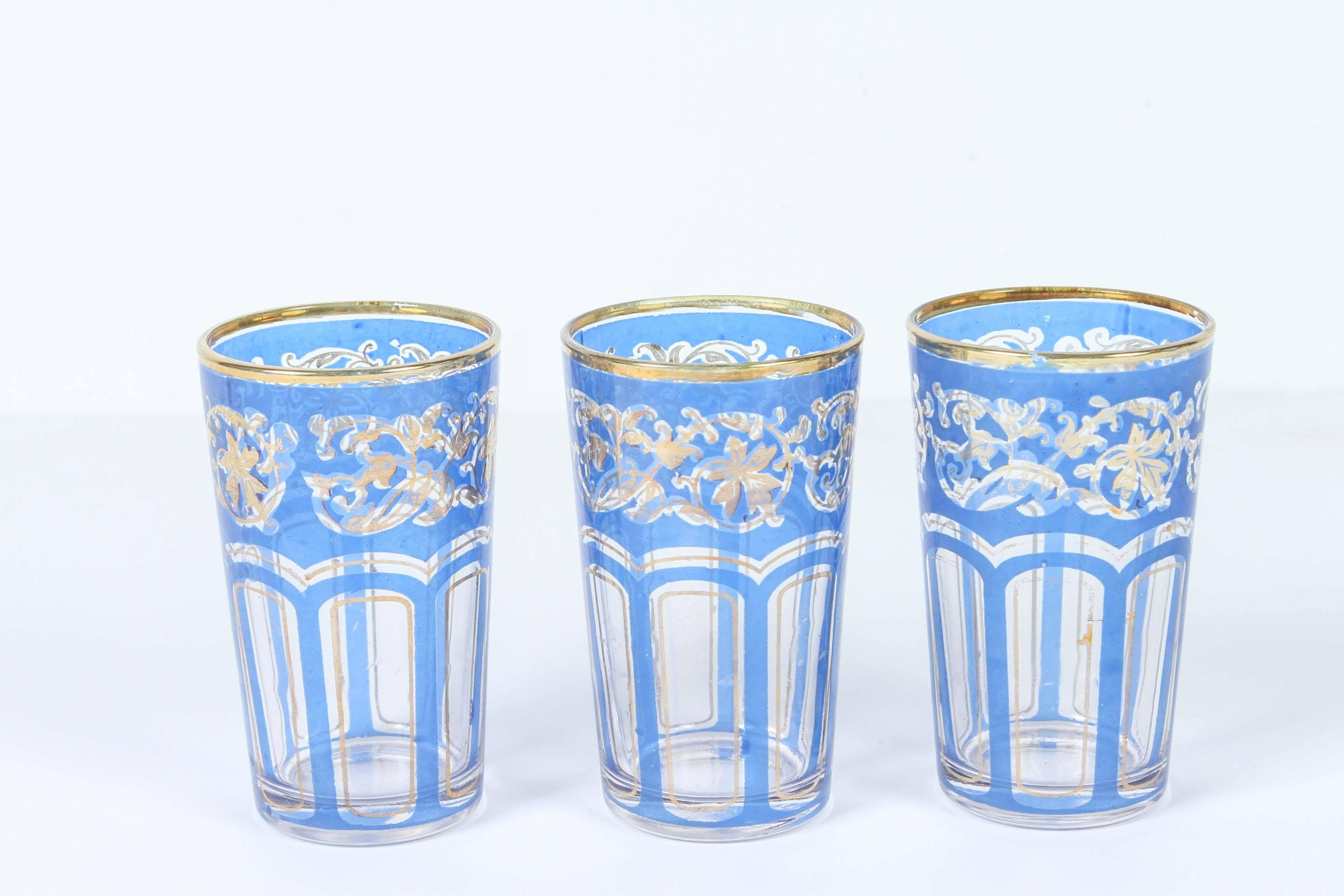 Set of Six Vintage Moroccan Blue and Gold Glasses In Good Condition In North Hollywood, CA