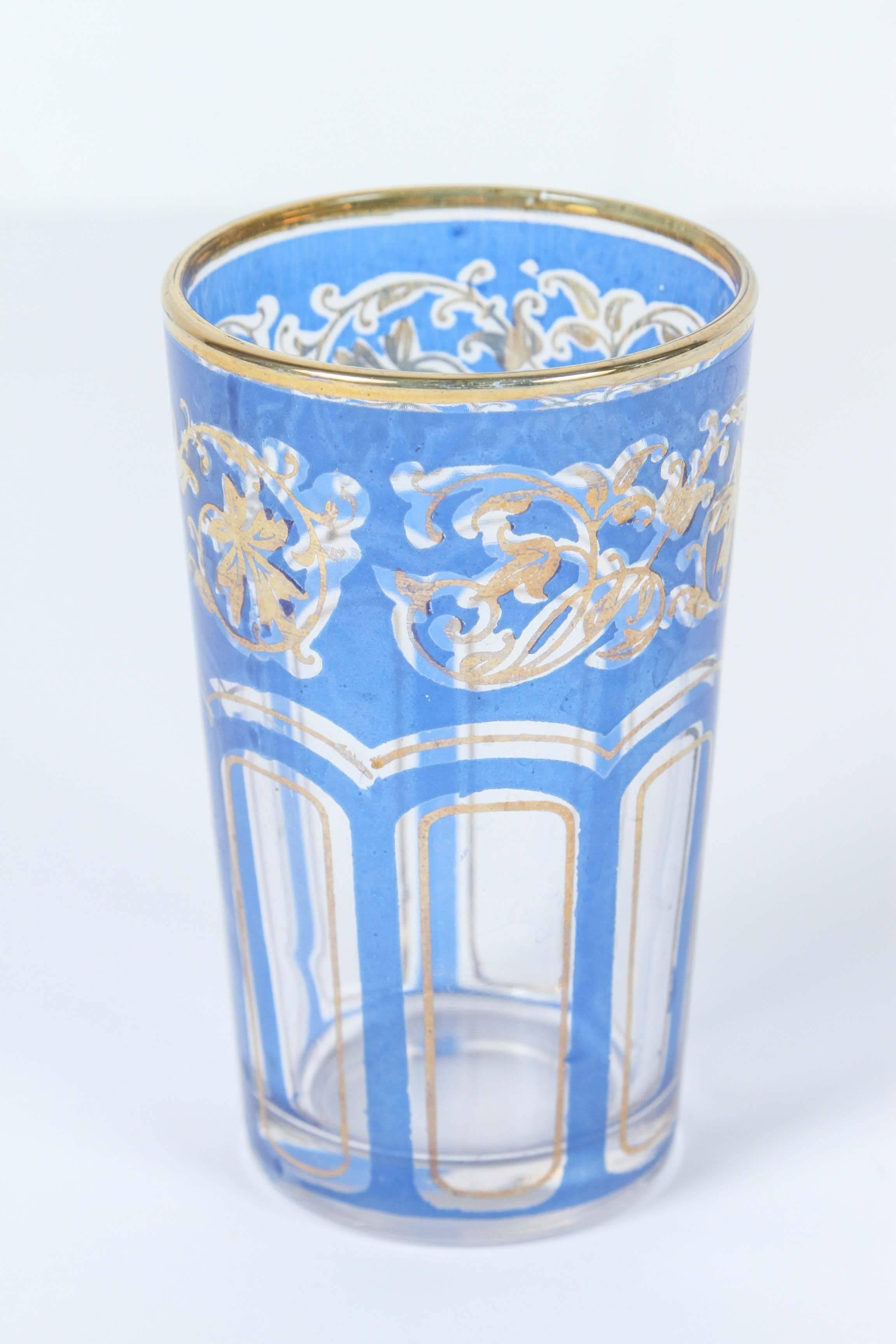 Mid-20th Century Set of Six Vintage Moroccan Blue and Gold Glasses