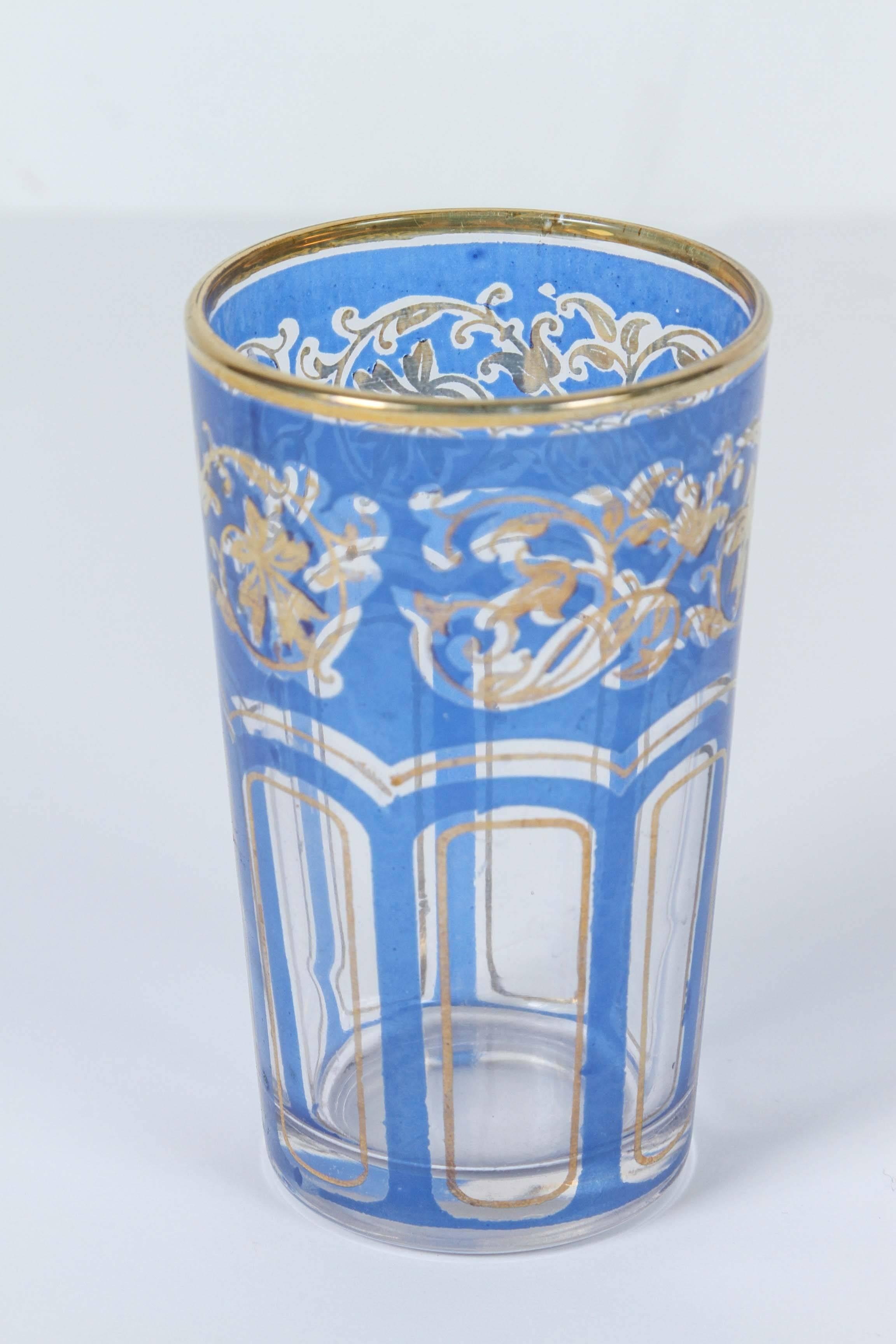 Set of Six Vintage Moroccan Blue and Gold Glasses 1
