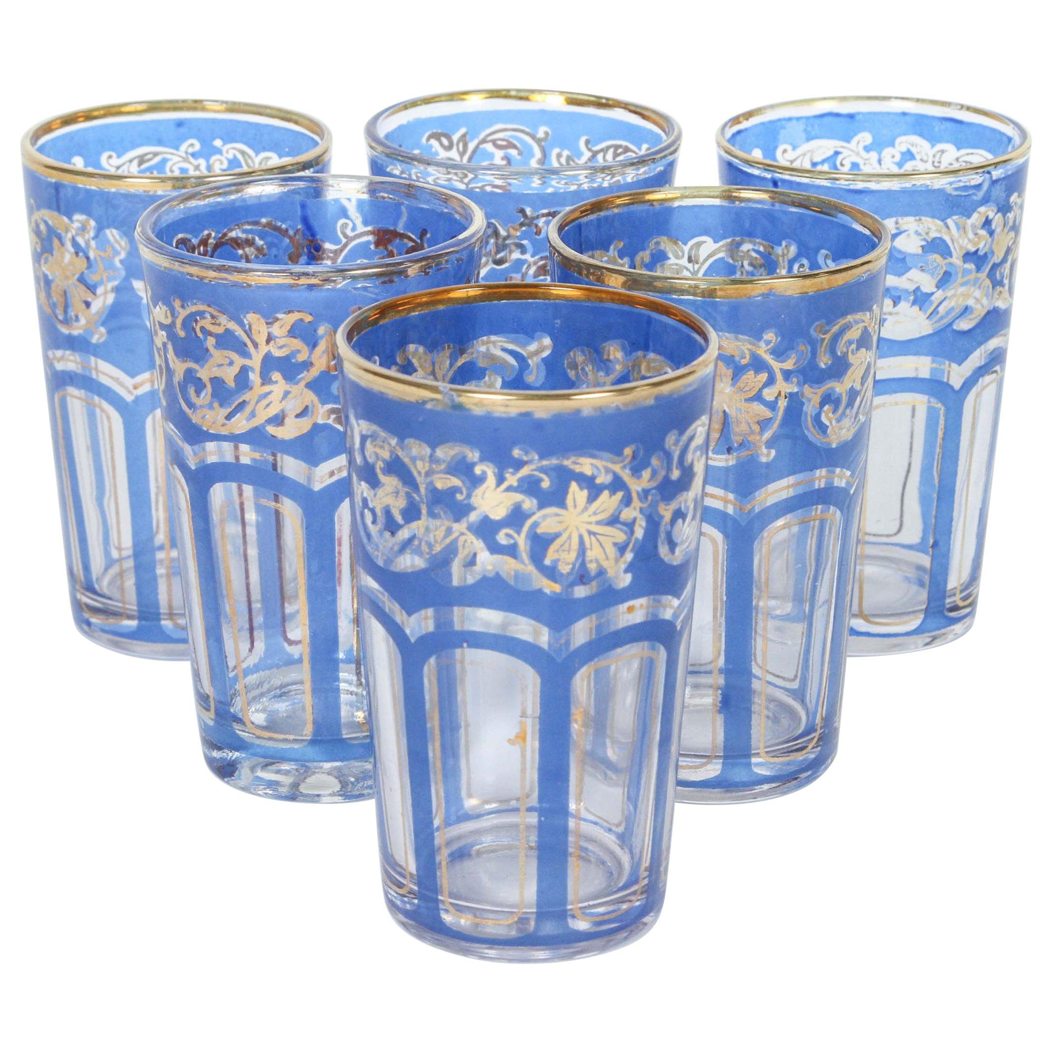 Set of Six Vintage Moroccan Blue and Gold Glasses