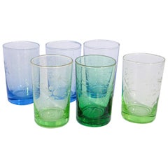 Set of Six Vintage Moroccan Blue and Green Hand Blown Glasses