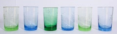 Ensemble de six verres marocains vintage soufflés à la main:: bleus et verts