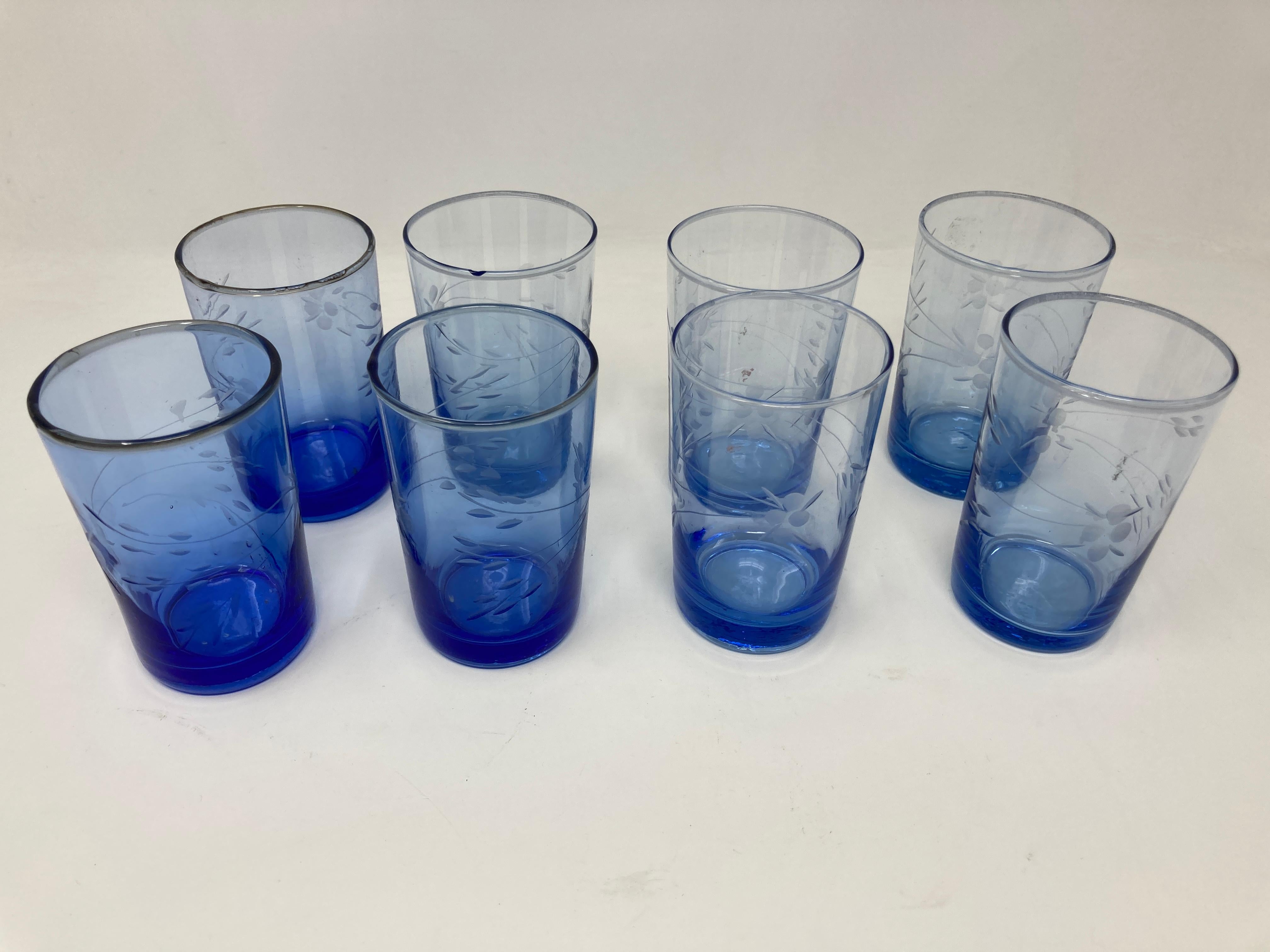 Set of six vintage Moroccan blue hand blown shot glasses.
Mouth blown glass with Moorish floral etched design great for mint tea or any drink cold or hot.
Handmade Bohemia style stained glass.
Collectible hand blown glassware set
Very light and
