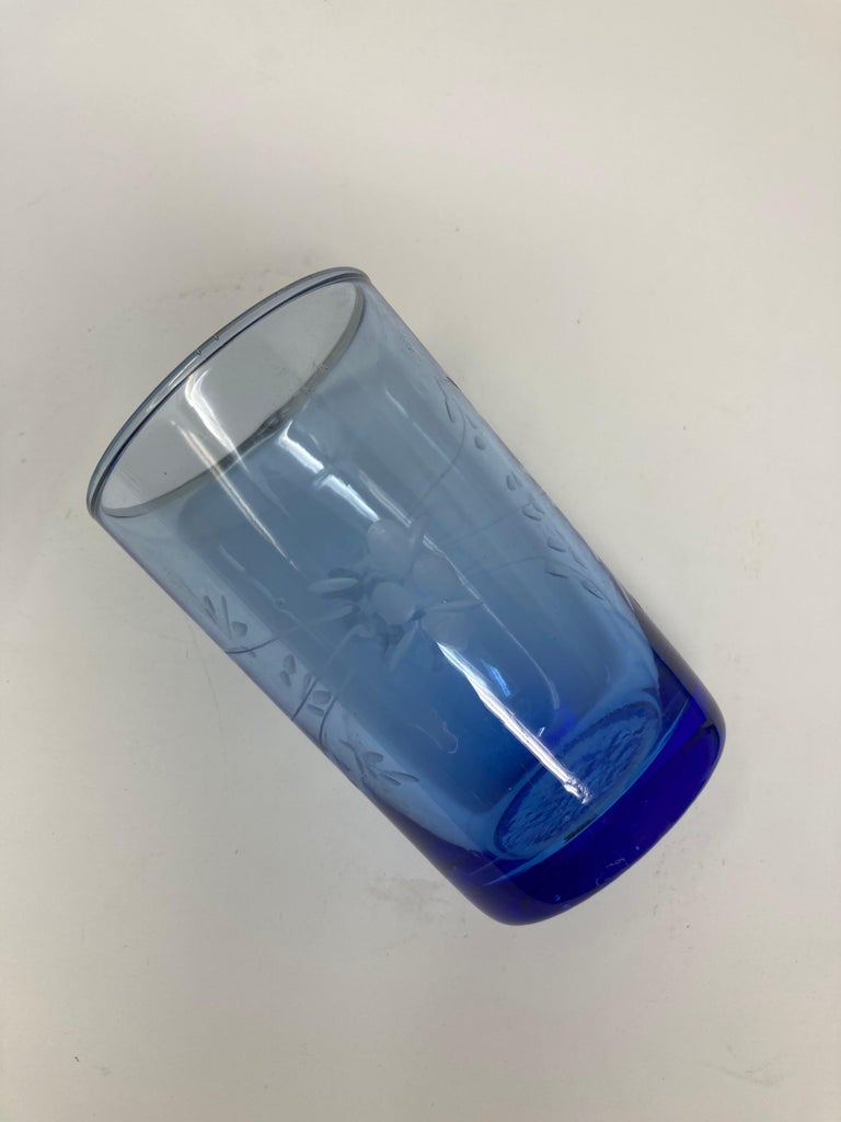 Set of Six Vintage Moroccan Blue Hand Blown Stained Glasses For Sale at