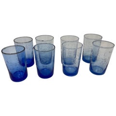 Set of Six Vintage Moroccan Blue Hand Blown Stained Glasses