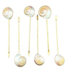 Set of Six Vintage Mother of Pearl Shell and Gold Appetizer Fondue Forks