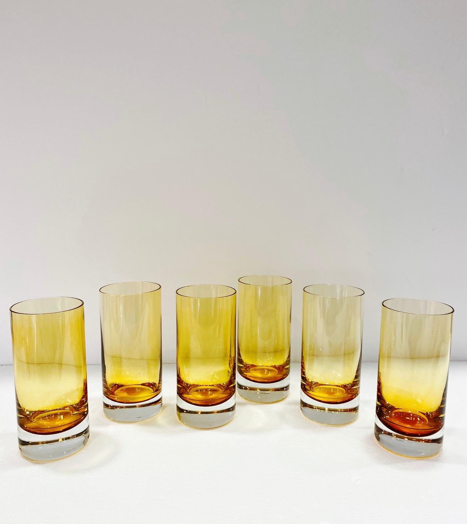 Mid-Century Modern Set of Six Vintage Murano Highball Glasses in Yellow Amber Glass, c. 1980s