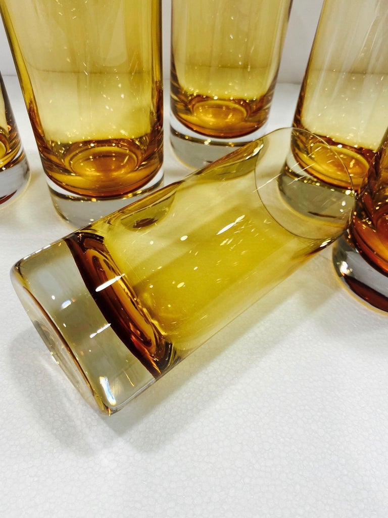 Blown Glass Set of Six Vintage Murano Highball Glasses in Yellow Amber Glass, c. 1980s