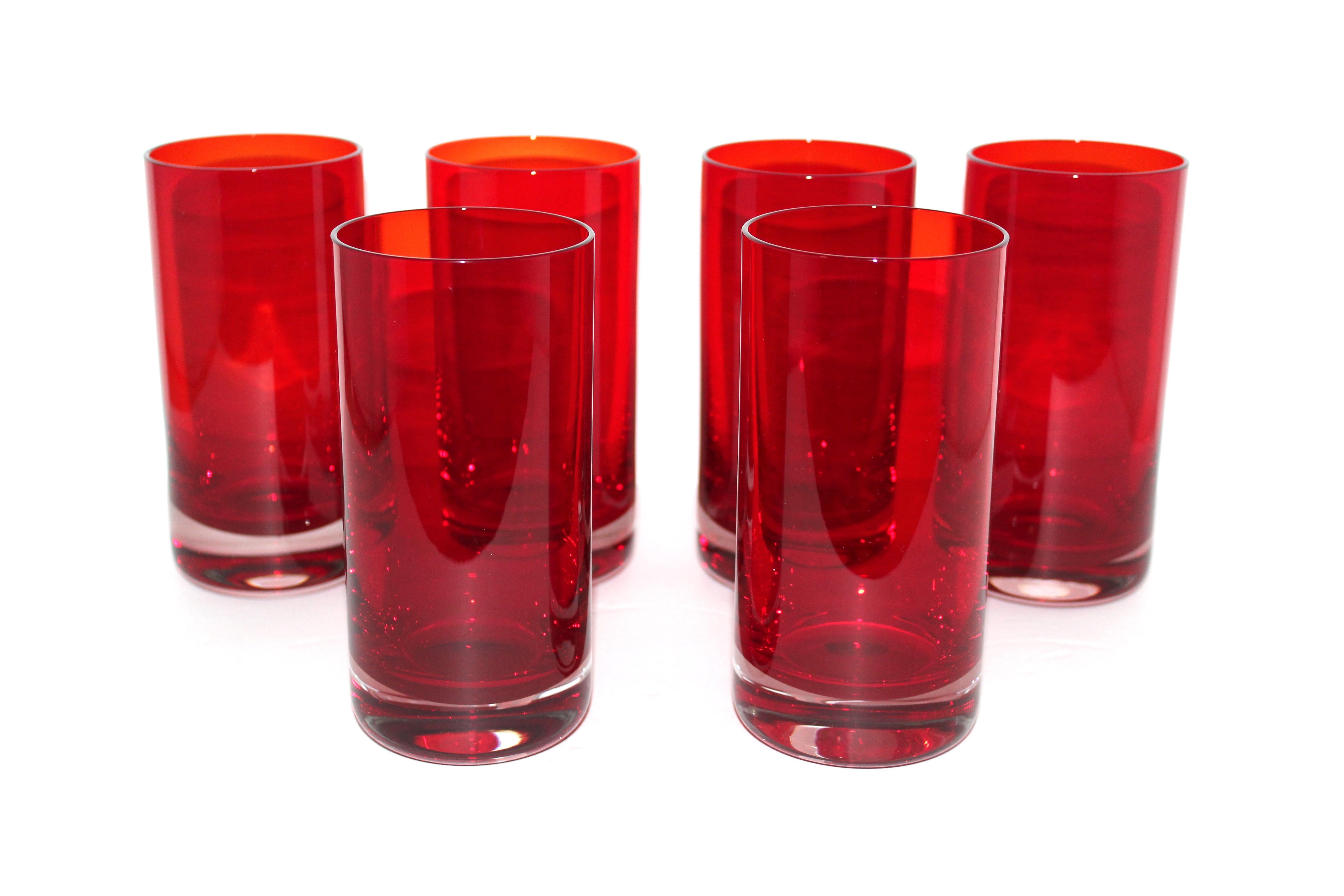 Set of Six Vintage Murano Sommerso Highball Glasses in Red, circa 1970s 4