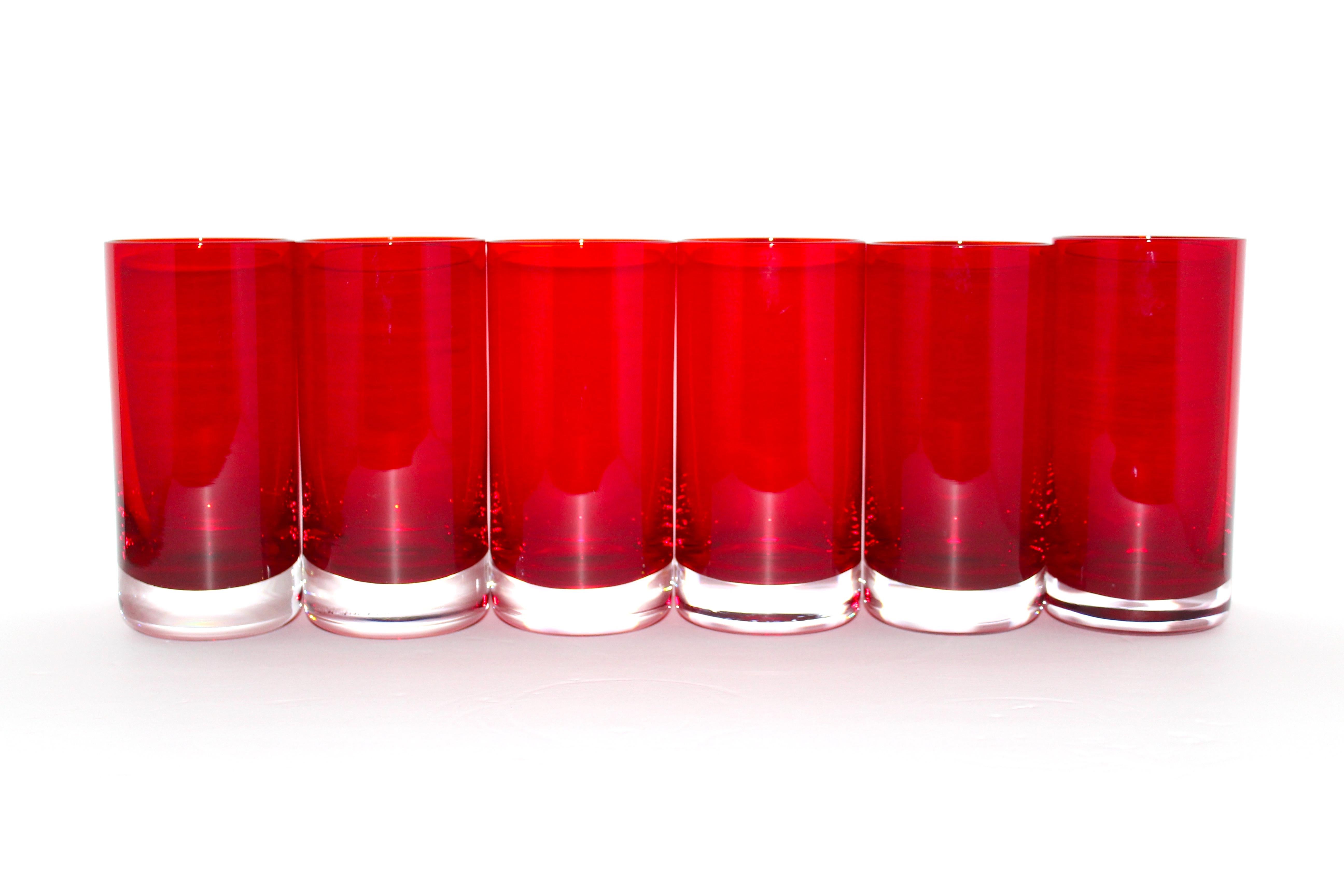Mid-Century Modern Set of Six Vintage Murano Sommerso Highball Glasses in Red, circa 1970s
