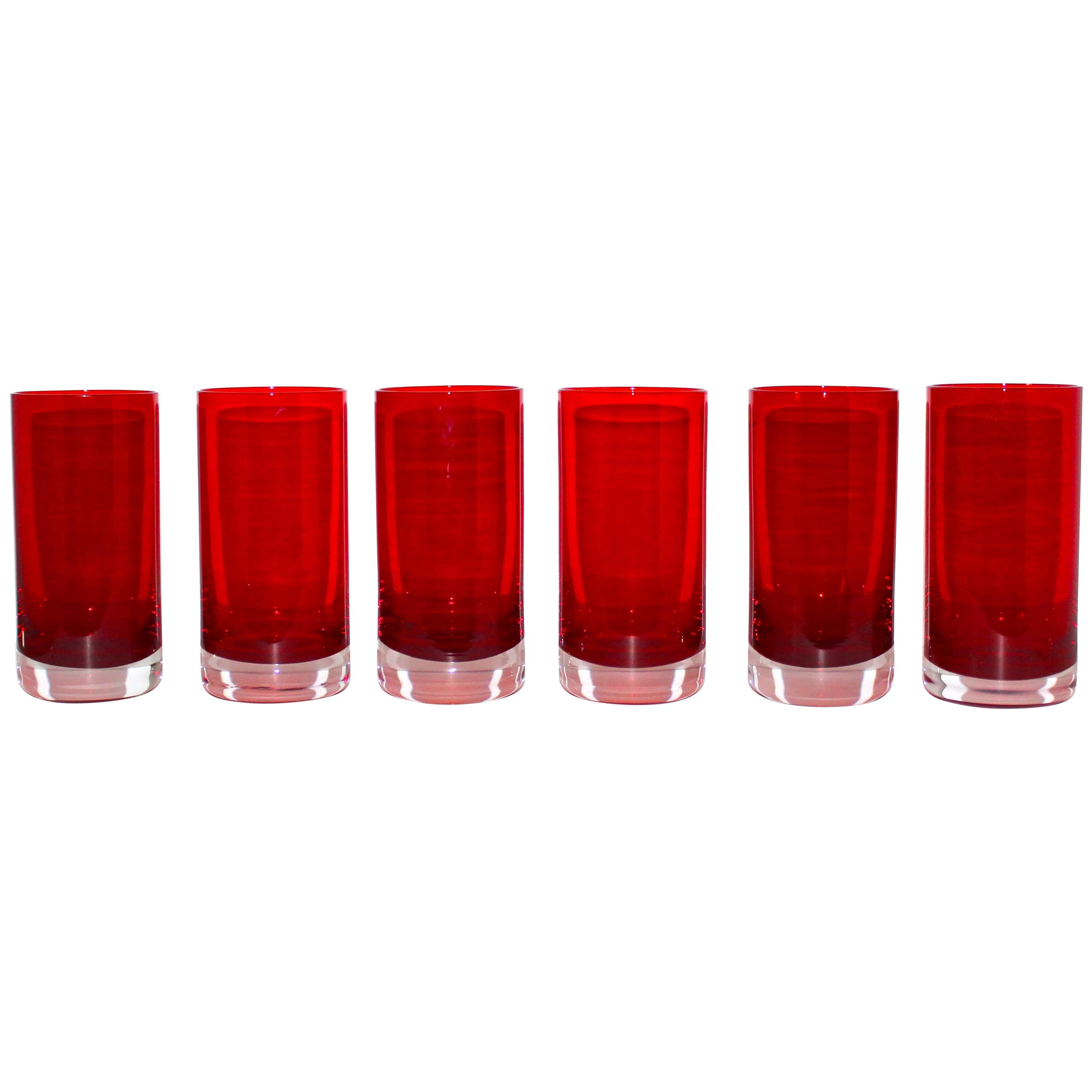 Set of Six Vintage Murano Sommerso Highball Glasses in Red, circa 1970s