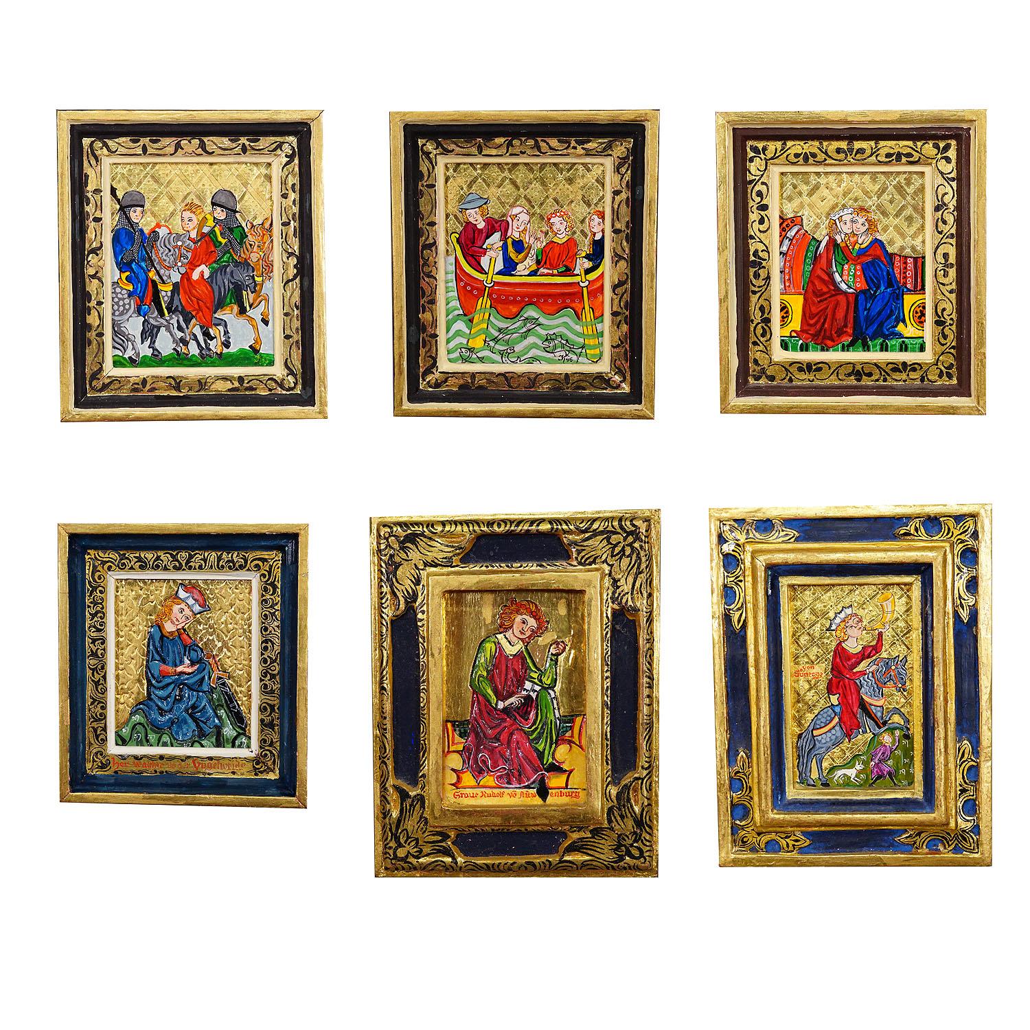 Ensemble de six peintures vintage représentant des scènes de ménestrels tirées du manuscrit de la chanson de Manesse

Un ensemble de six peintures représentant des scènes de ménestrels tirées du manuel de chansons de Manesse (Manesse Codex) qui a