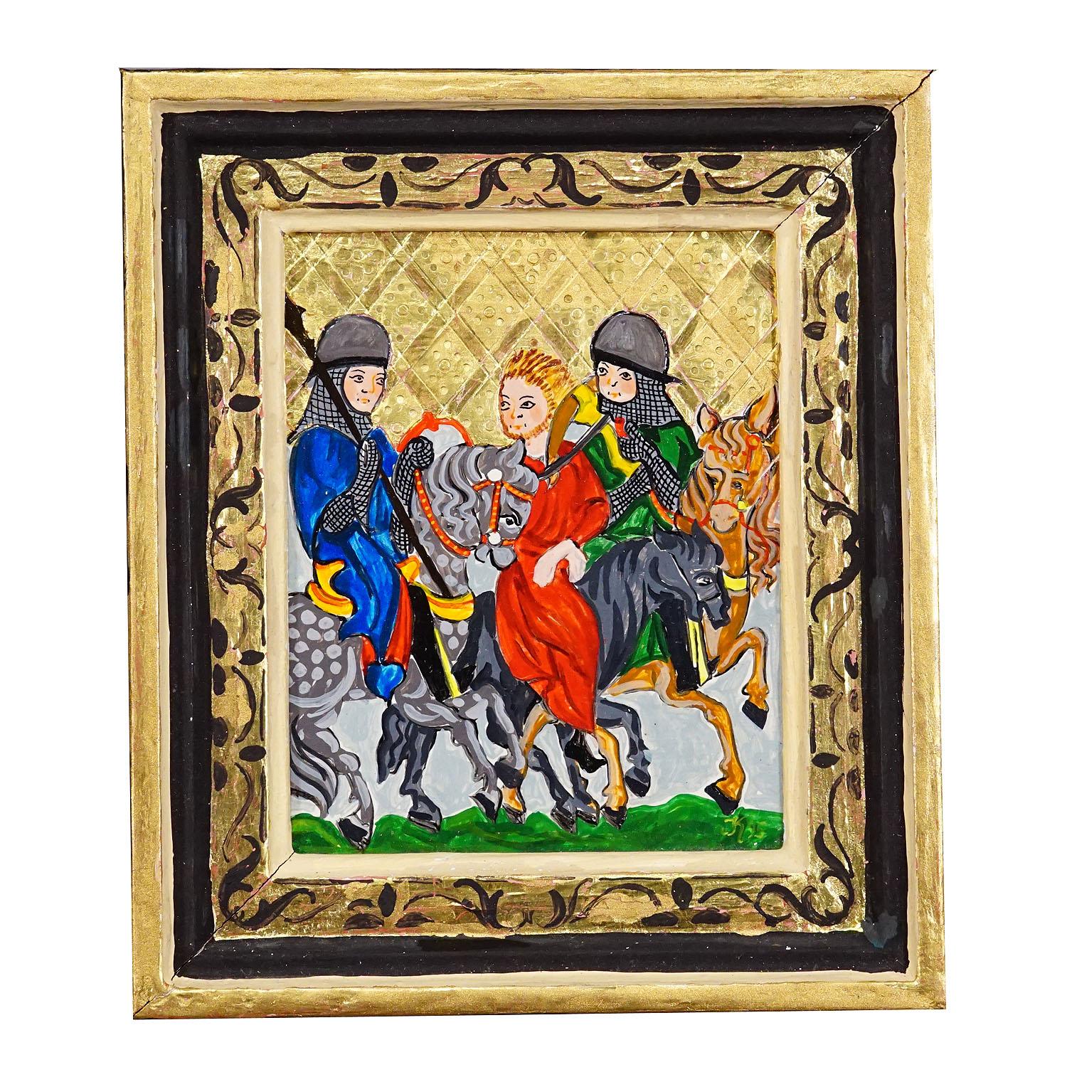 Gothic Set of Six Vintage Paintings with Minstrel Scenes from the Manesse Song Manuscri For Sale