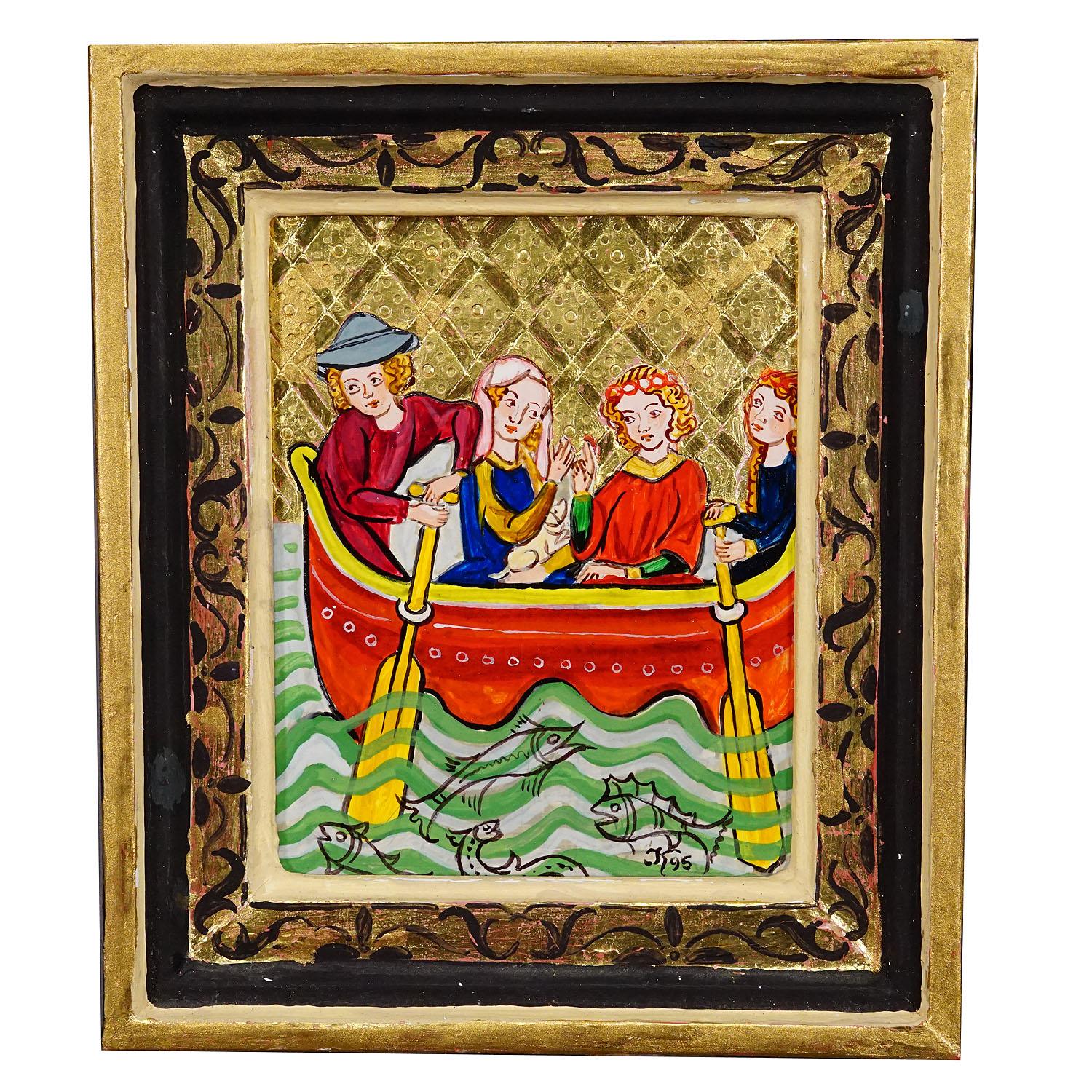 German Set of Six Vintage Paintings with Minstrel Scenes from the Manesse Song Manuscri For Sale