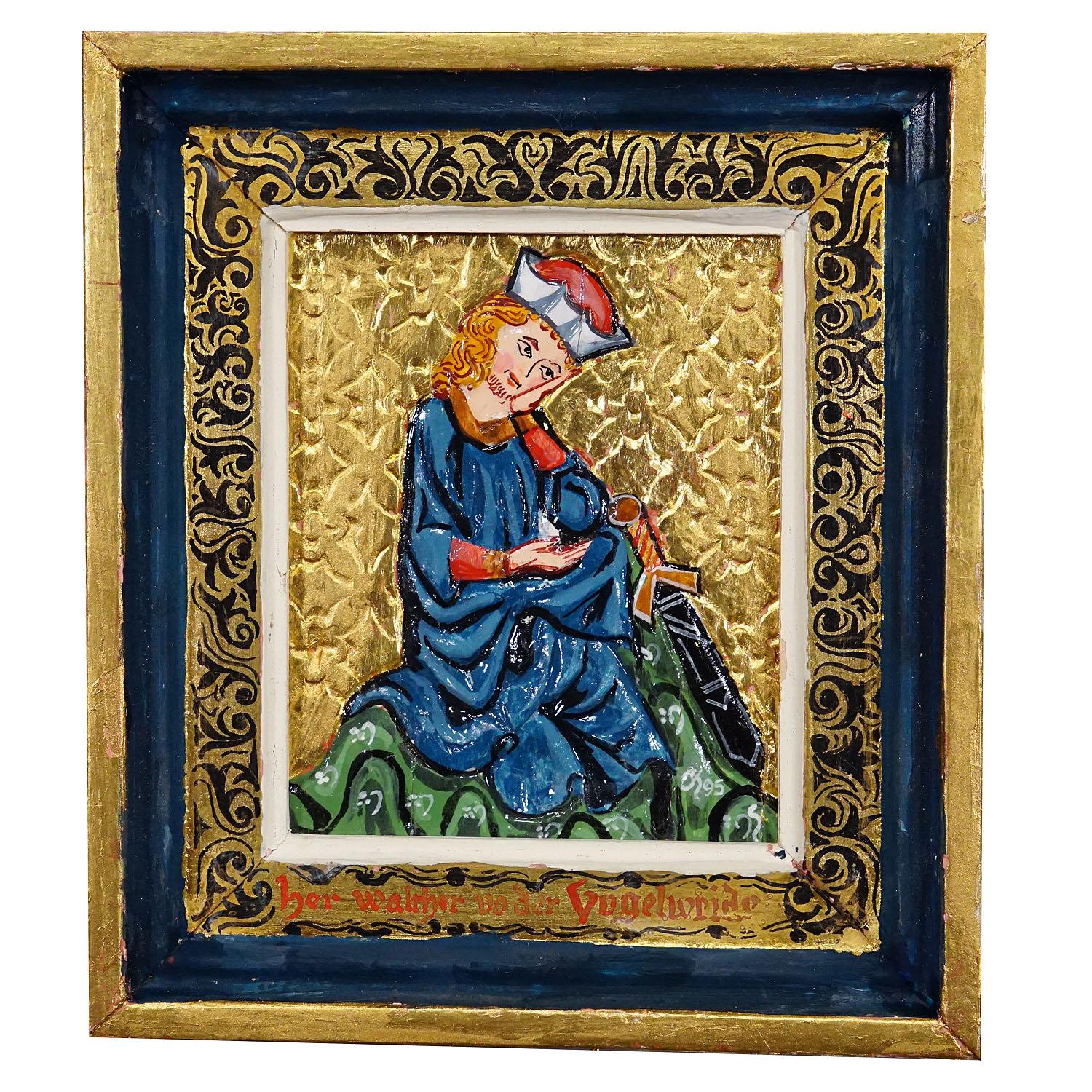Painted Set of Six Vintage Paintings with Minstrel Scenes from the Manesse Song Manuscri For Sale