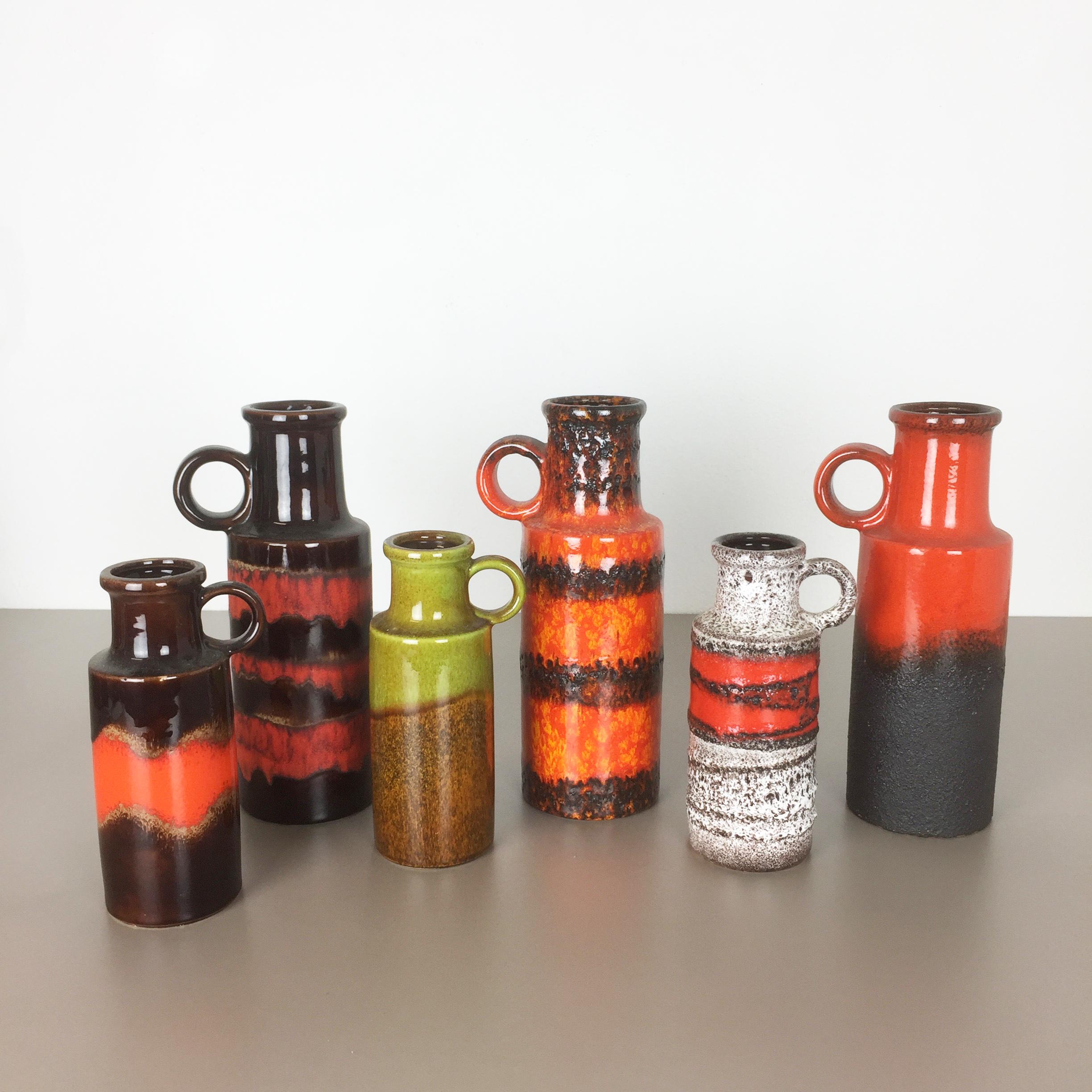 Set of Six Vintage Pottery Fat Lava Vases Made by Scheurich, Germany, 1970s 4