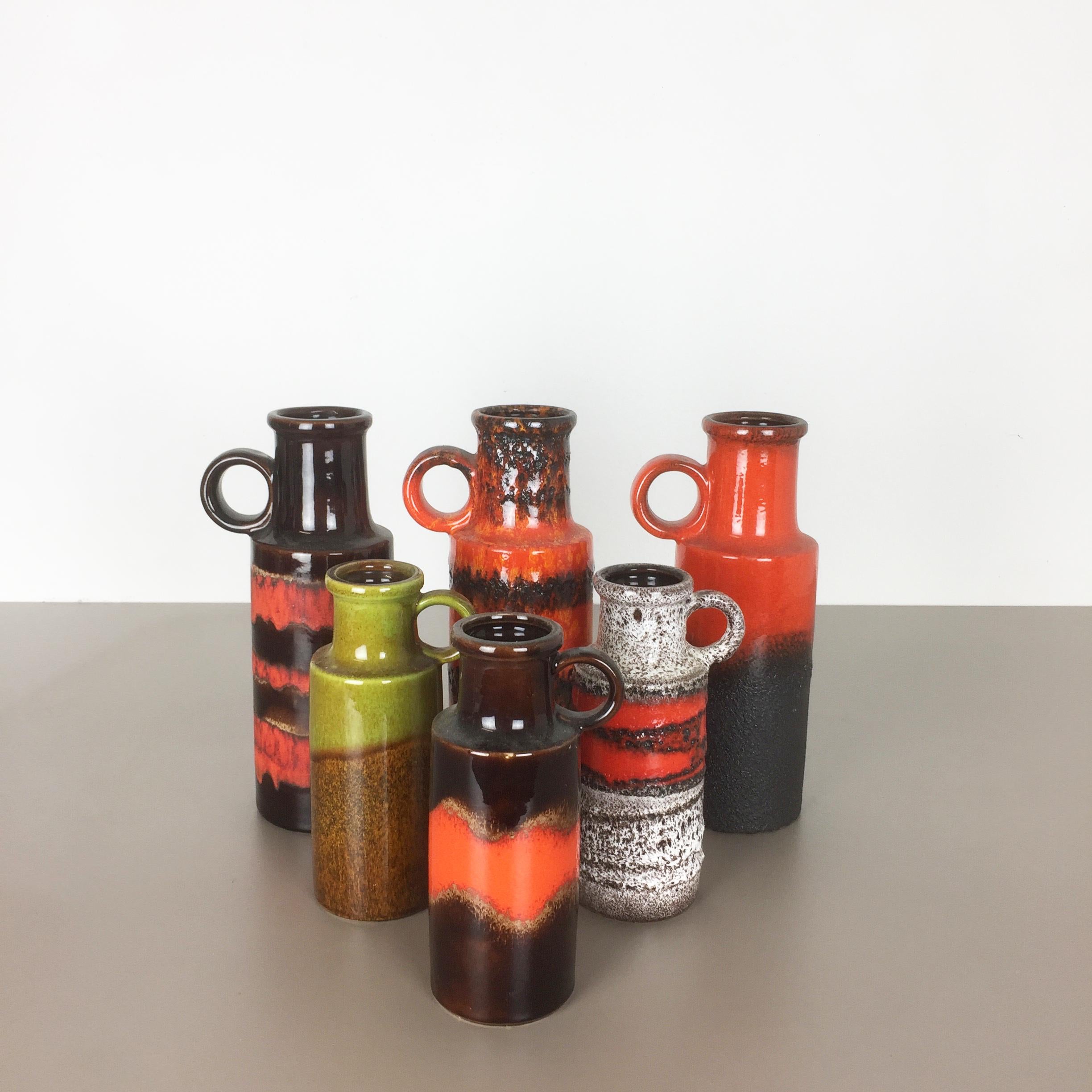 Mid-Century Modern Set of Six Vintage Pottery Fat Lava Vases Made by Scheurich, Germany, 1970s