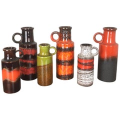 Set of Six Vintage Pottery Fat Lava Vases Made by Scheurich, Germany, 1970s