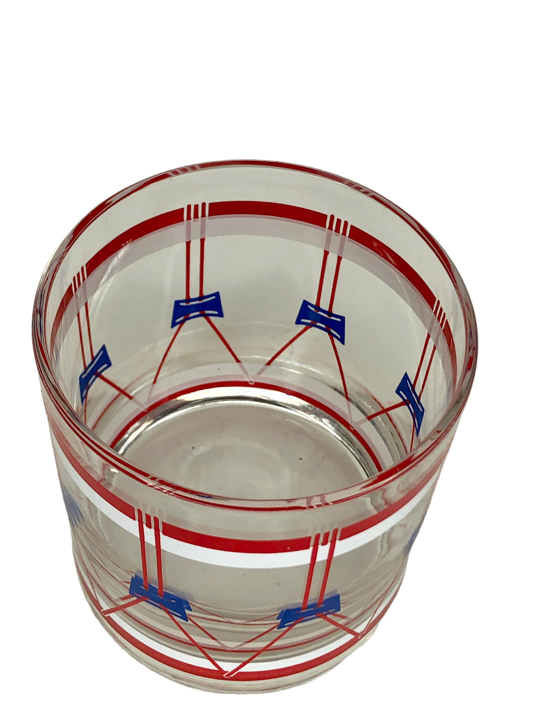 Set of Six Vintage Patriotic and Festive Regimental Red White and Blue Drum Rock Glasses.
