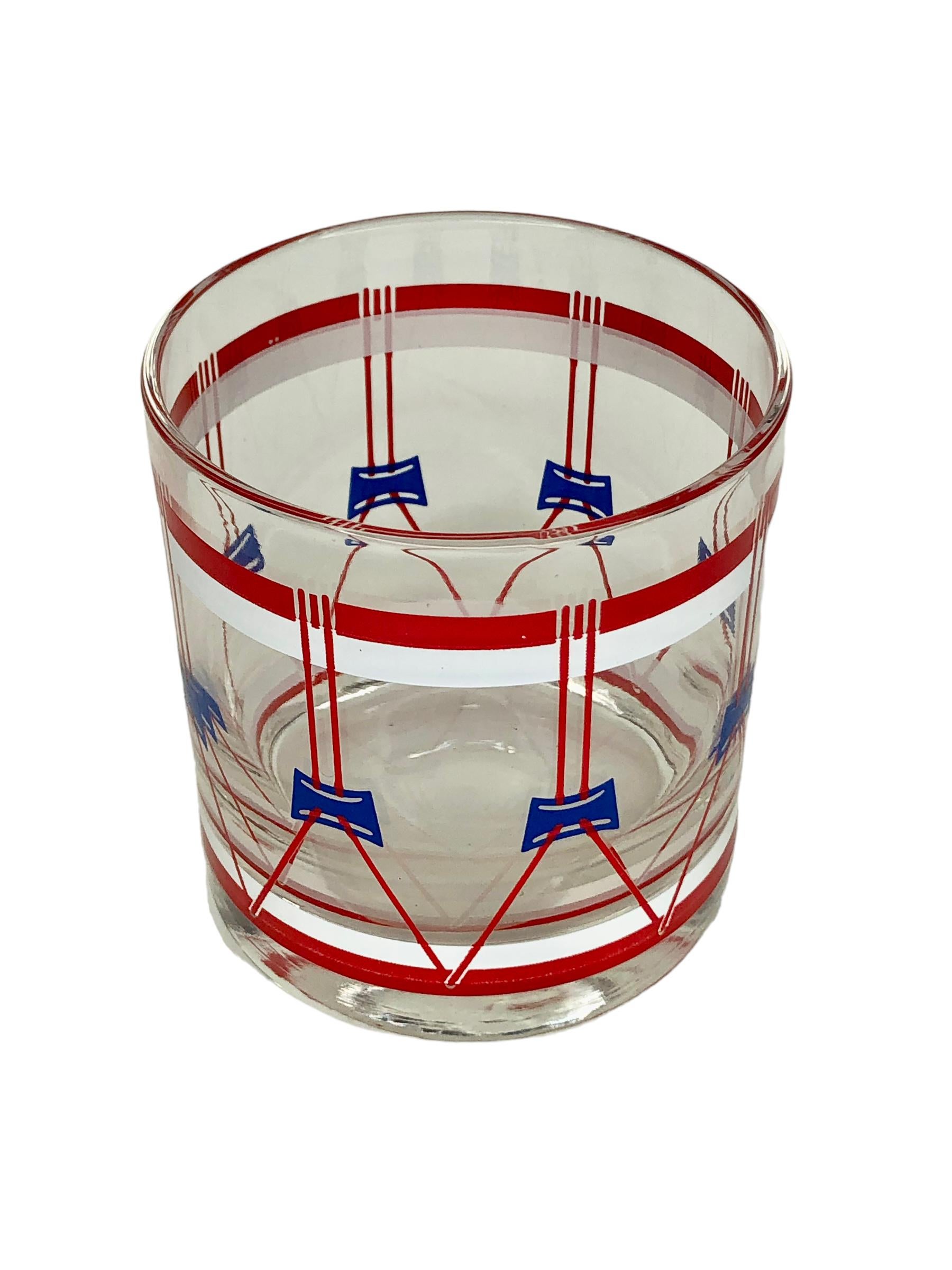 Mid-Century Modern Set of Six Vintage Regimental Red White and Blue Drum Rock Glasses For Sale