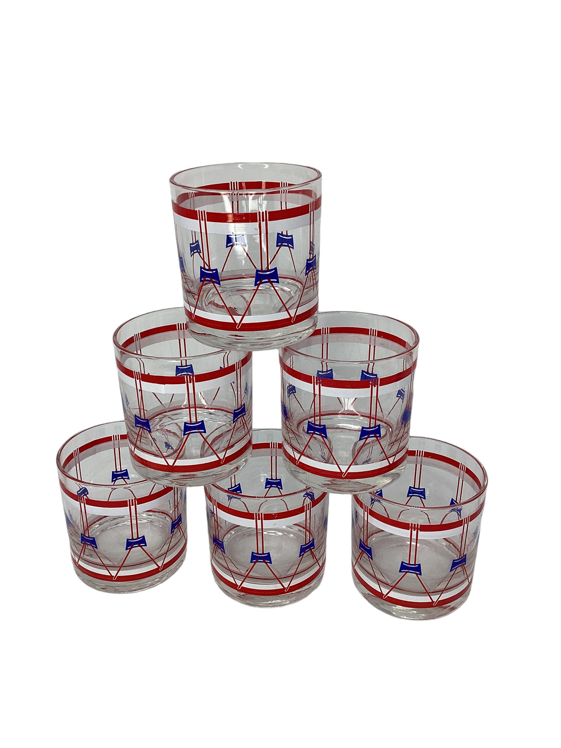 American Set of Six Vintage Regimental Red White and Blue Drum Rock Glasses For Sale
