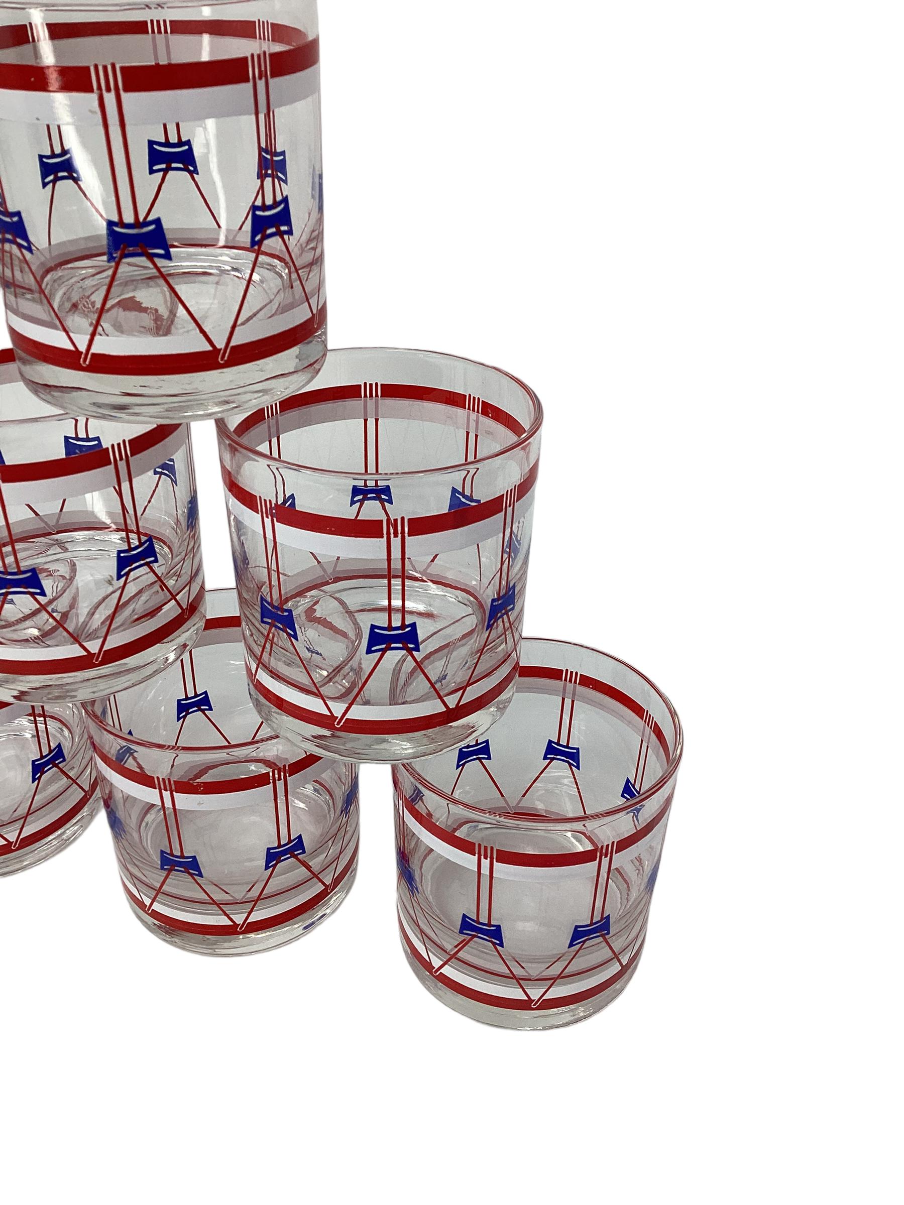 Set of Six Vintage Regimental Red White and Blue Drum Rock Glasses In Good Condition For Sale In Chapel Hill, NC