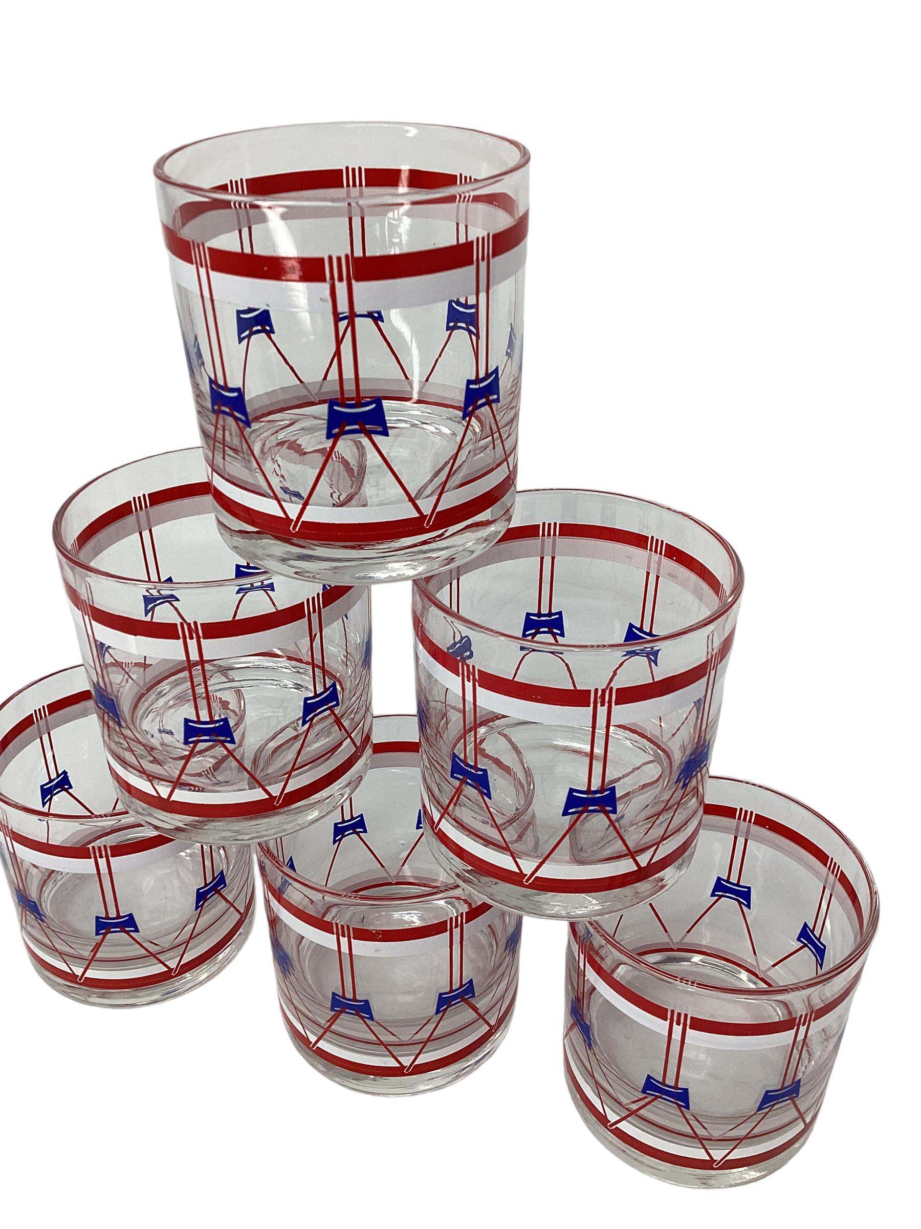 Late 20th Century Set of Six Vintage Regimental Red White and Blue Drum Rock Glasses For Sale