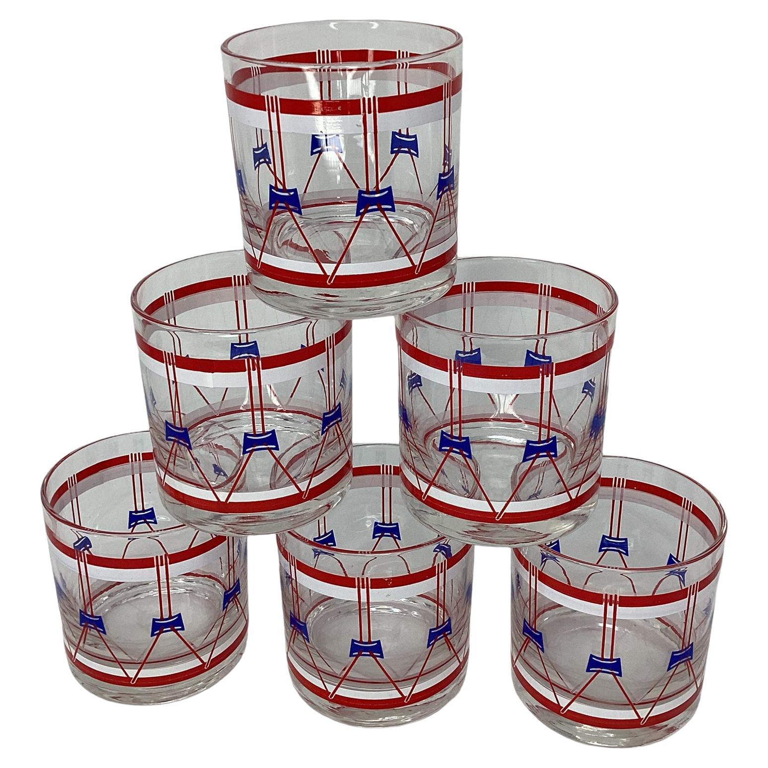 Set of Six Vintage Regimental Red White and Blue Drum Rock Glasses
