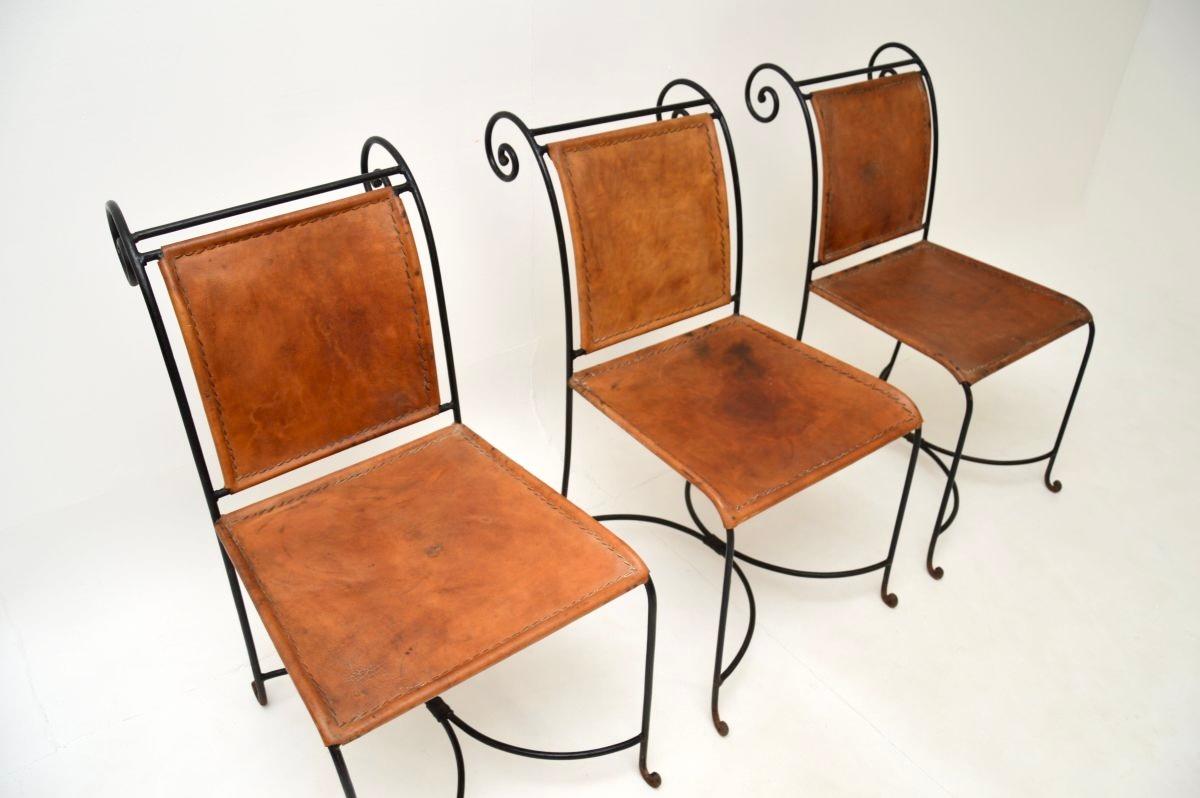 Mid-Century Modern Set of Six Vintage Spanish Wrought Iron and Leather Dining Chairs For Sale
