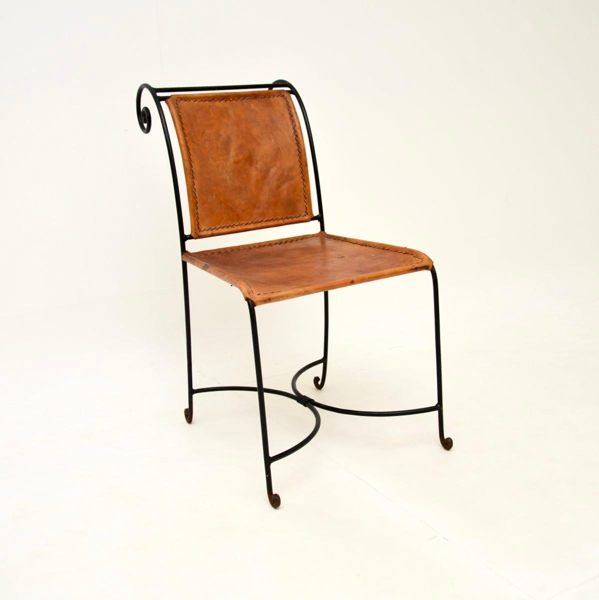 Set of Six Vintage Spanish Wrought Iron and Leather Dining Chairs In Good Condition For Sale In London, GB