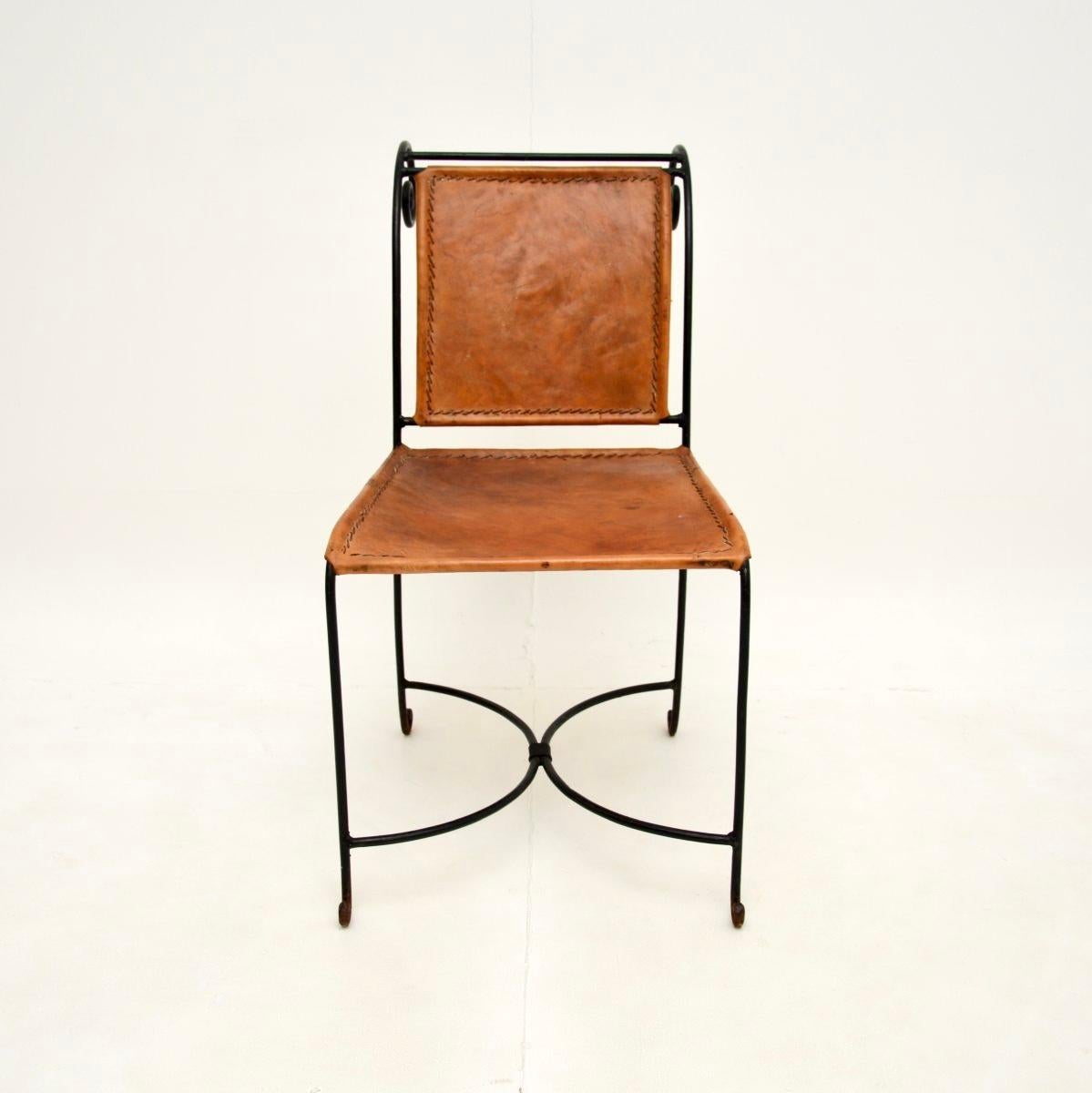 Late 20th Century Set of Six Vintage Spanish Wrought Iron and Leather Dining Chairs For Sale