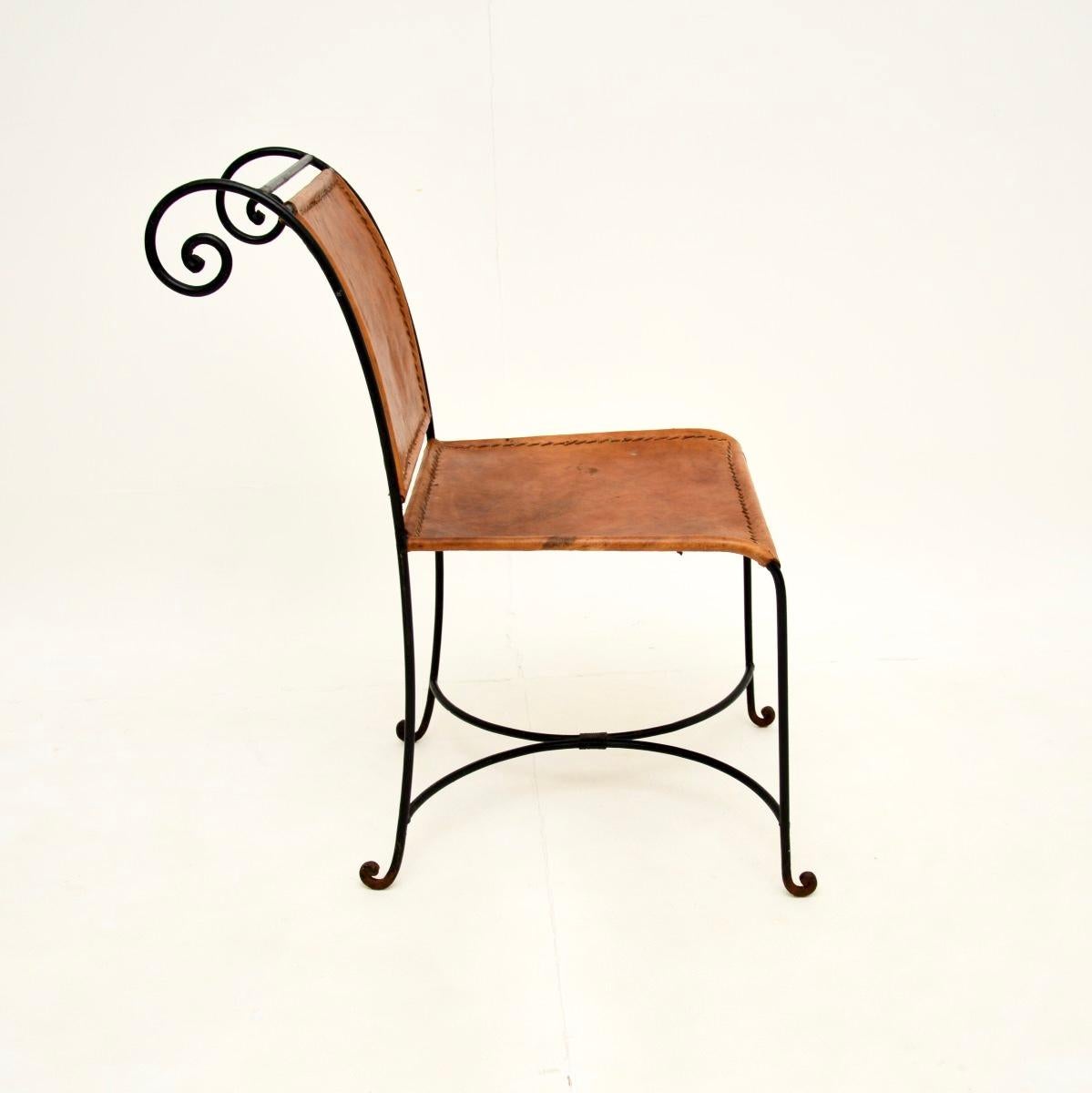 Set of Six Vintage Spanish Wrought Iron and Leather Dining Chairs For Sale 1
