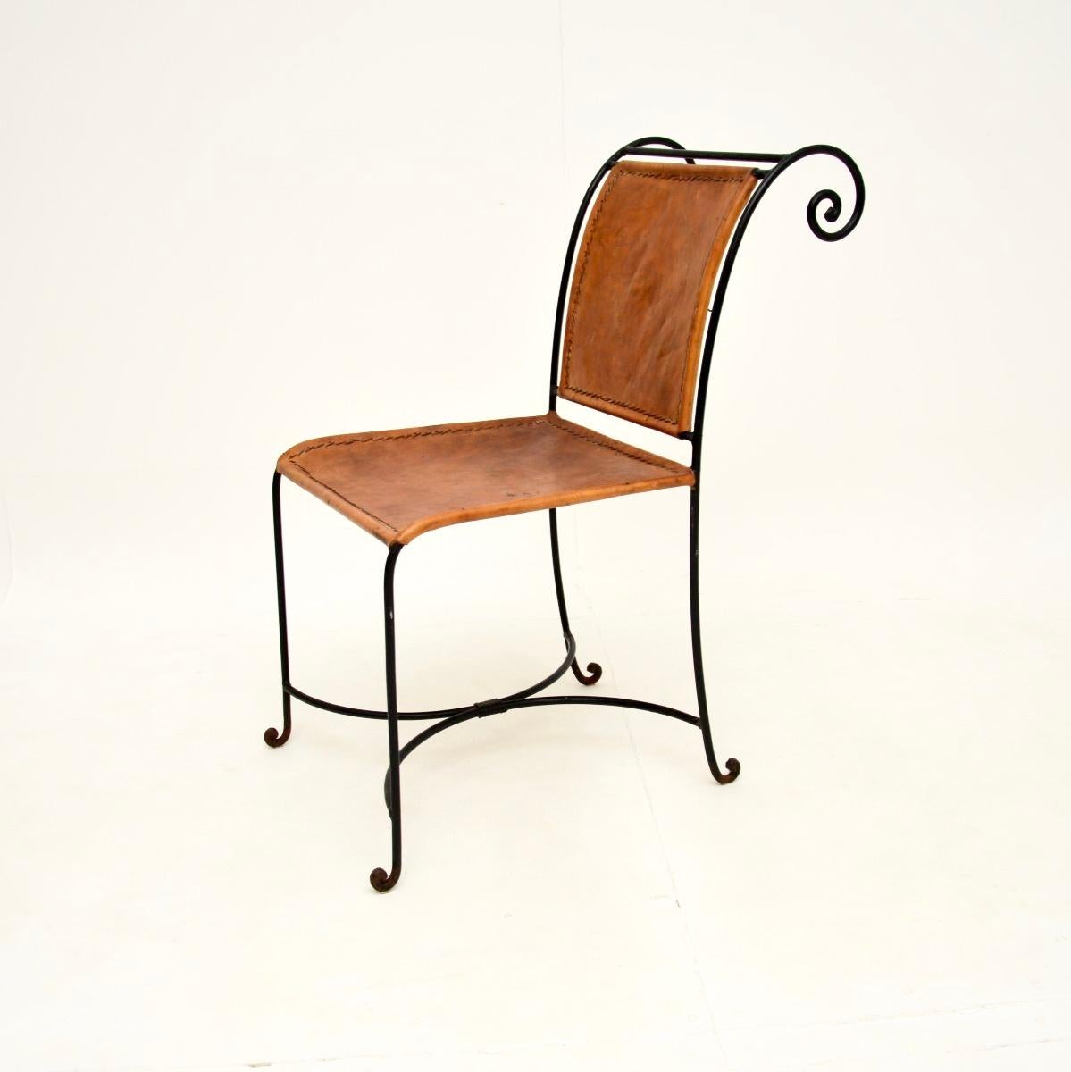 Set of Six Vintage Spanish Wrought Iron and Leather Dining Chairs For Sale 2