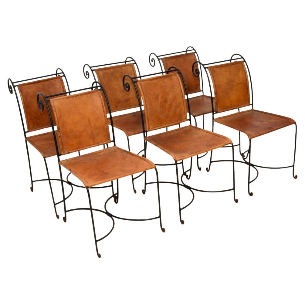Set of Six Vintage Spanish Wrought Iron and Leather Dining Chairs