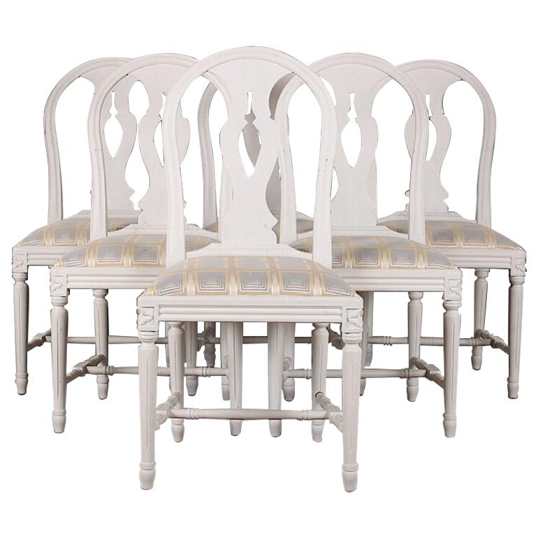 Set of Six Vintage Swedish Neo Classical Gustavian Style Pained Dining Chairs