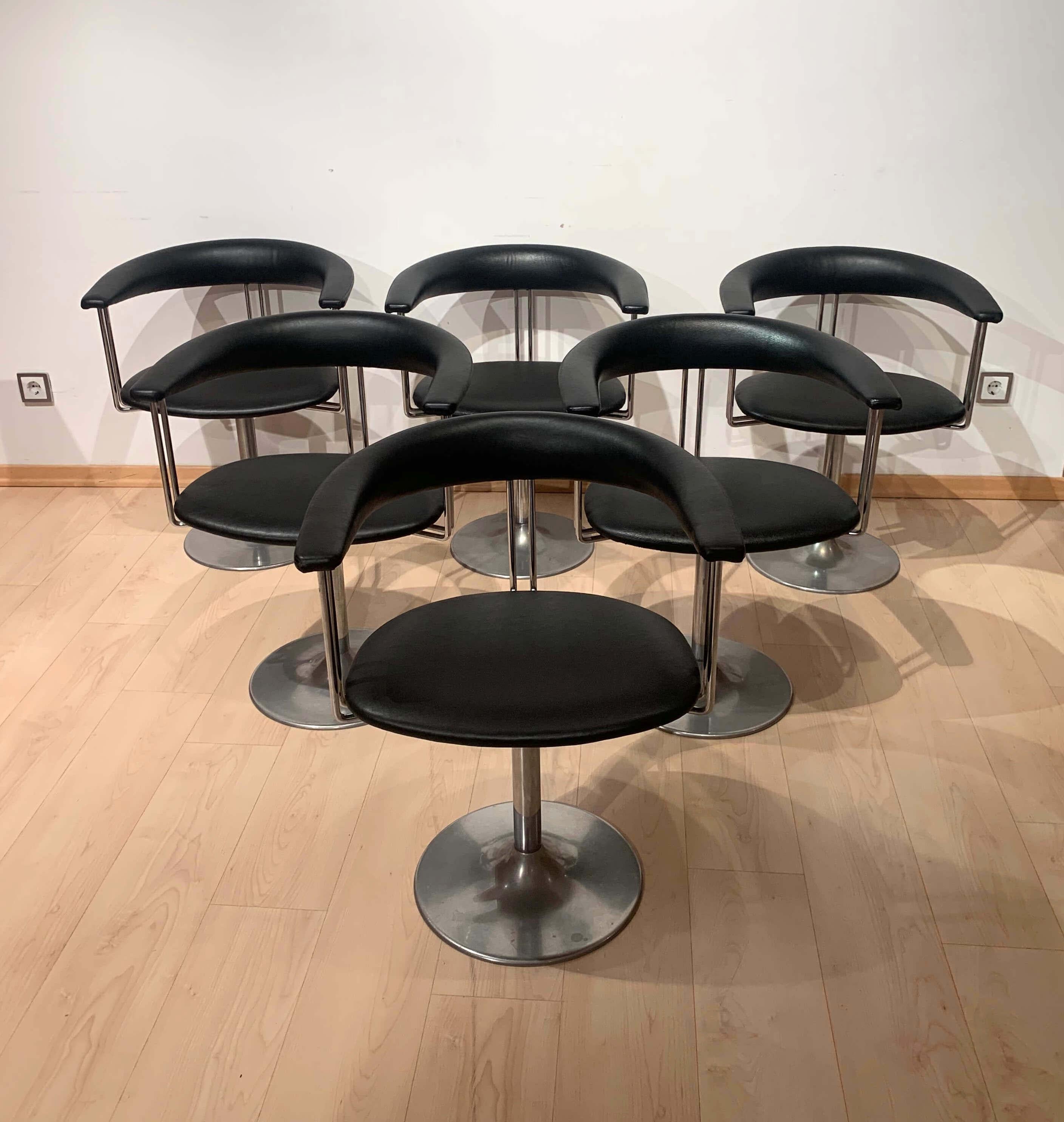 Dutch Set of 6 Swivel Armchairs, Black Leather and Metal, Netherlands circa 1970s For Sale
