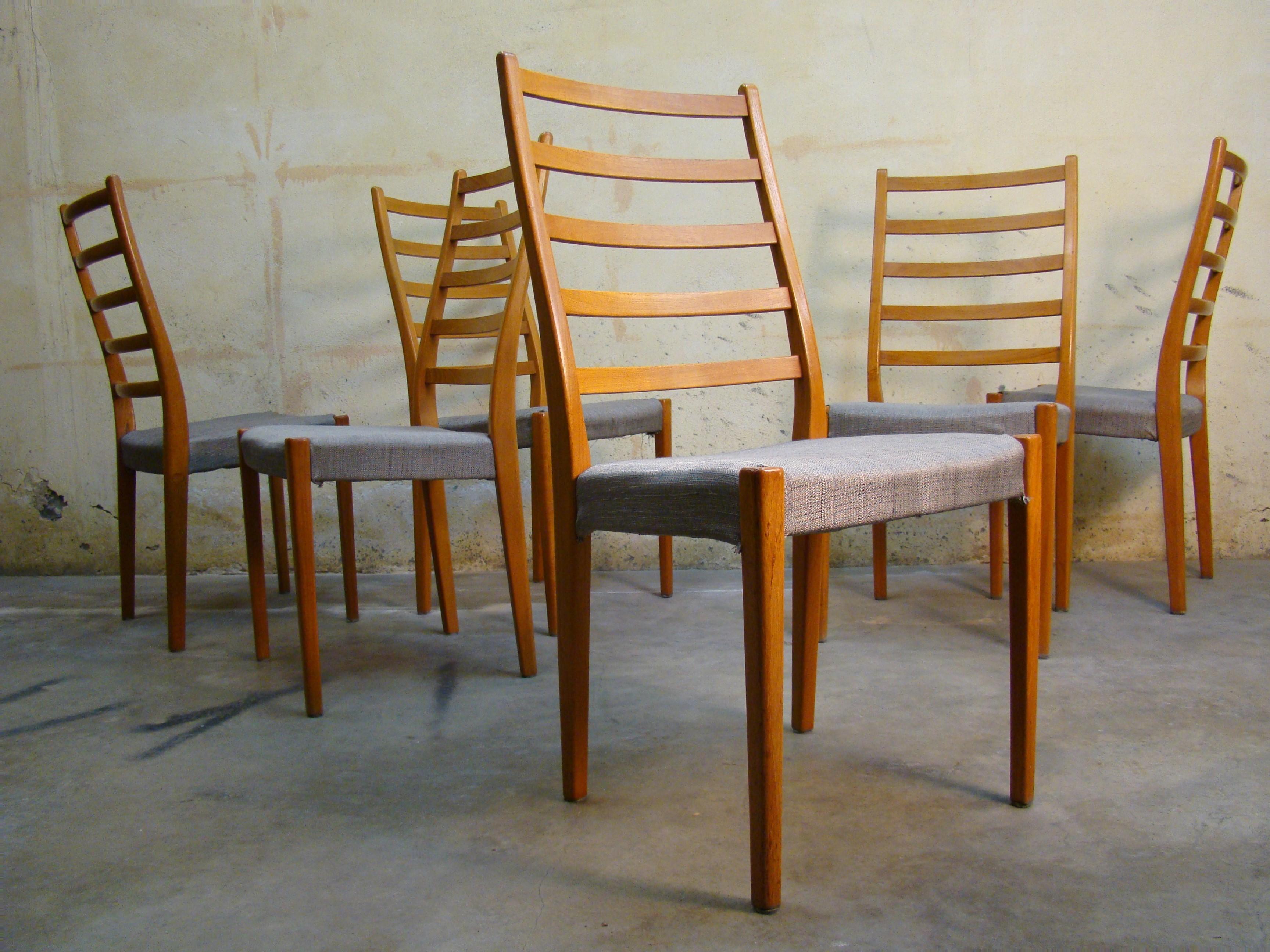 Set of six vintage teak dining side chairs by Svegards Markaryd Denmark solid wood frame, beautiful wood grain, clean modernist lines, quality craftsmanship, circa mid-20th century.