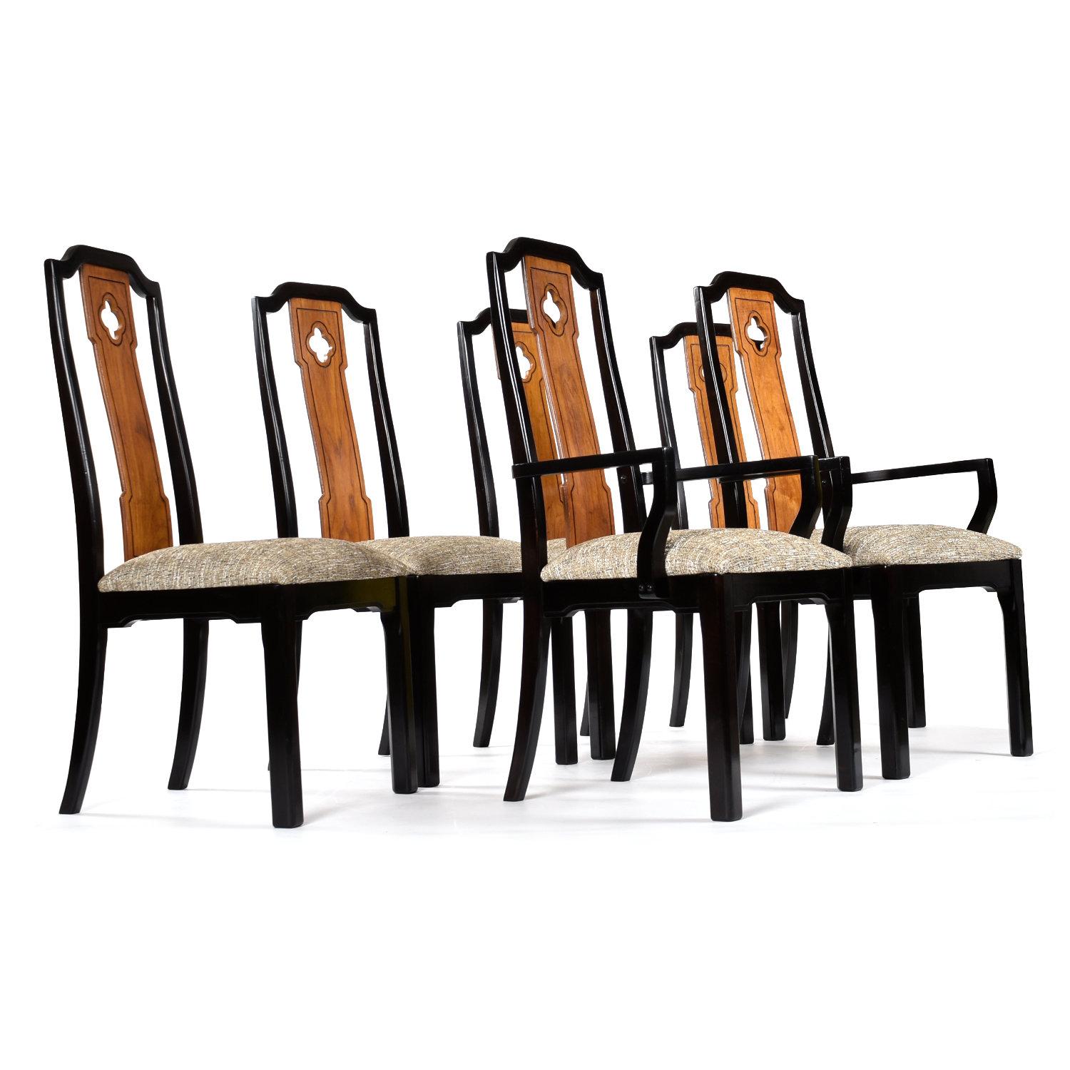 Lovingly restored, set of six vintage Nineteen-Laties Thomasville Embassy dining chairs. The Chinoiserie dining chairs have an Asian inspired silhouette. The notched Pagoda-like crown is the most pronounced Eastern influence. The blade-like back