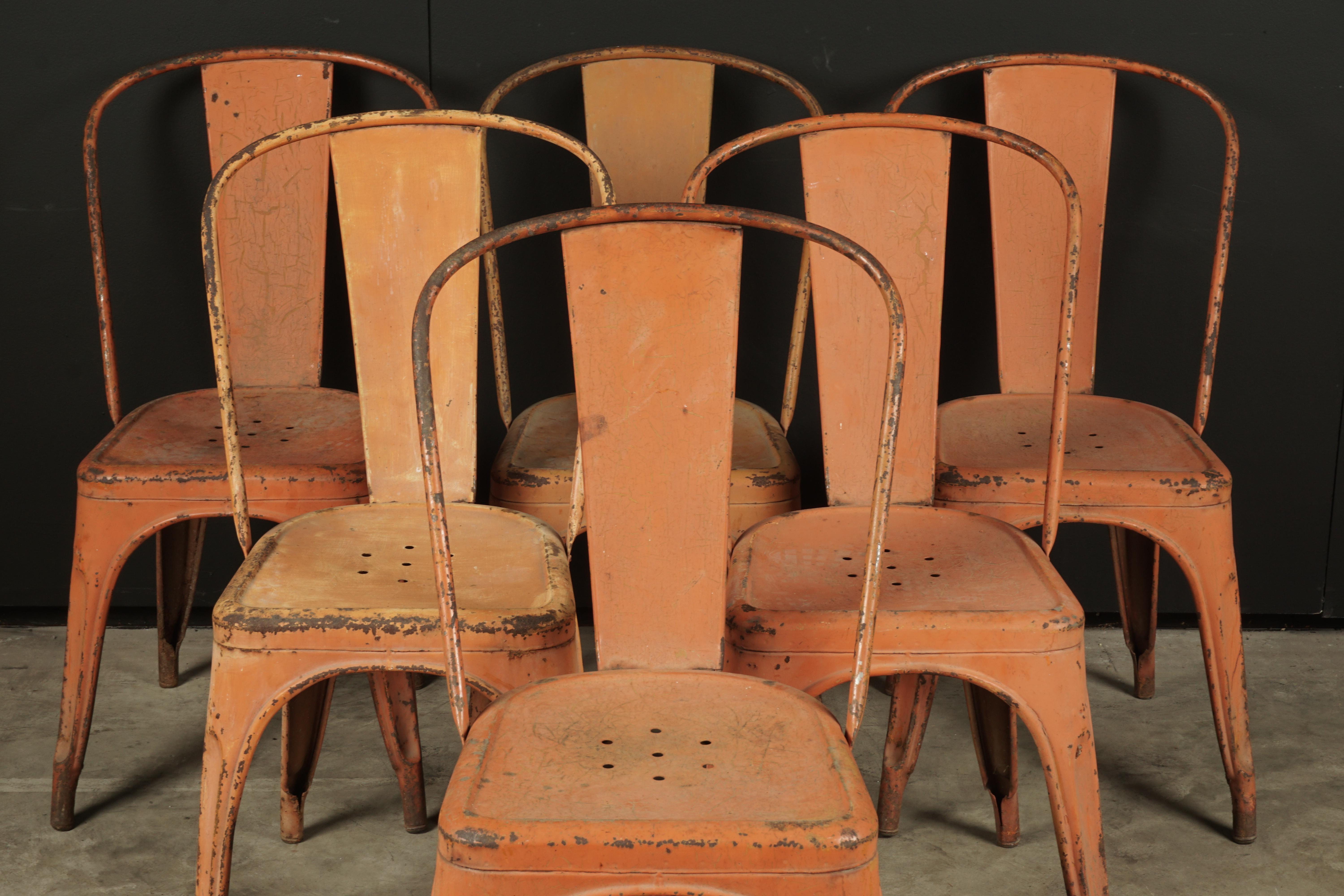 Rare set of six vintage Tolix chairs, circa 1950. Early model with fantastic original color. Stackable.